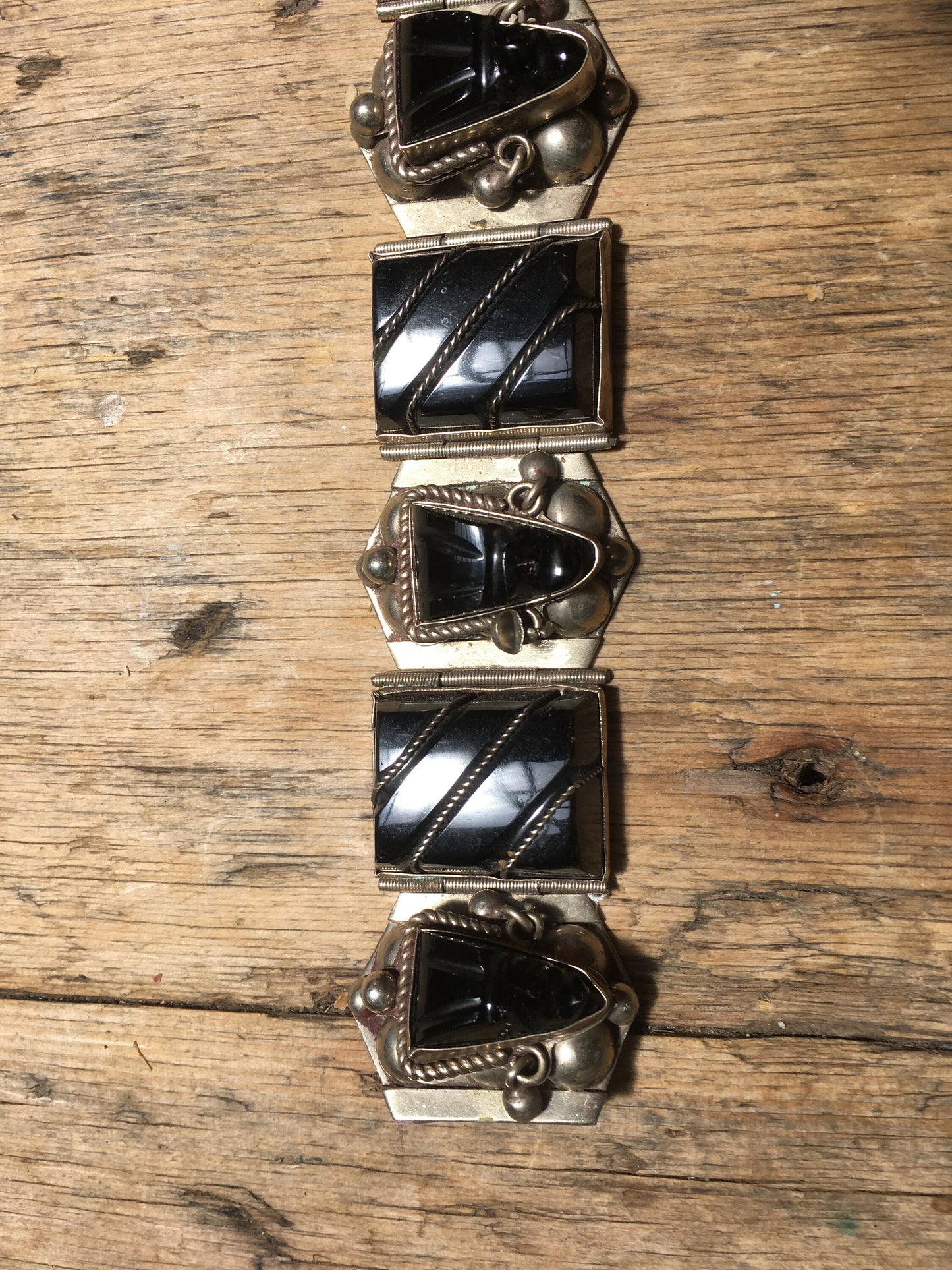 Vintage 1950's Mexican Aztec Onyx Warrior Mask Bracelet