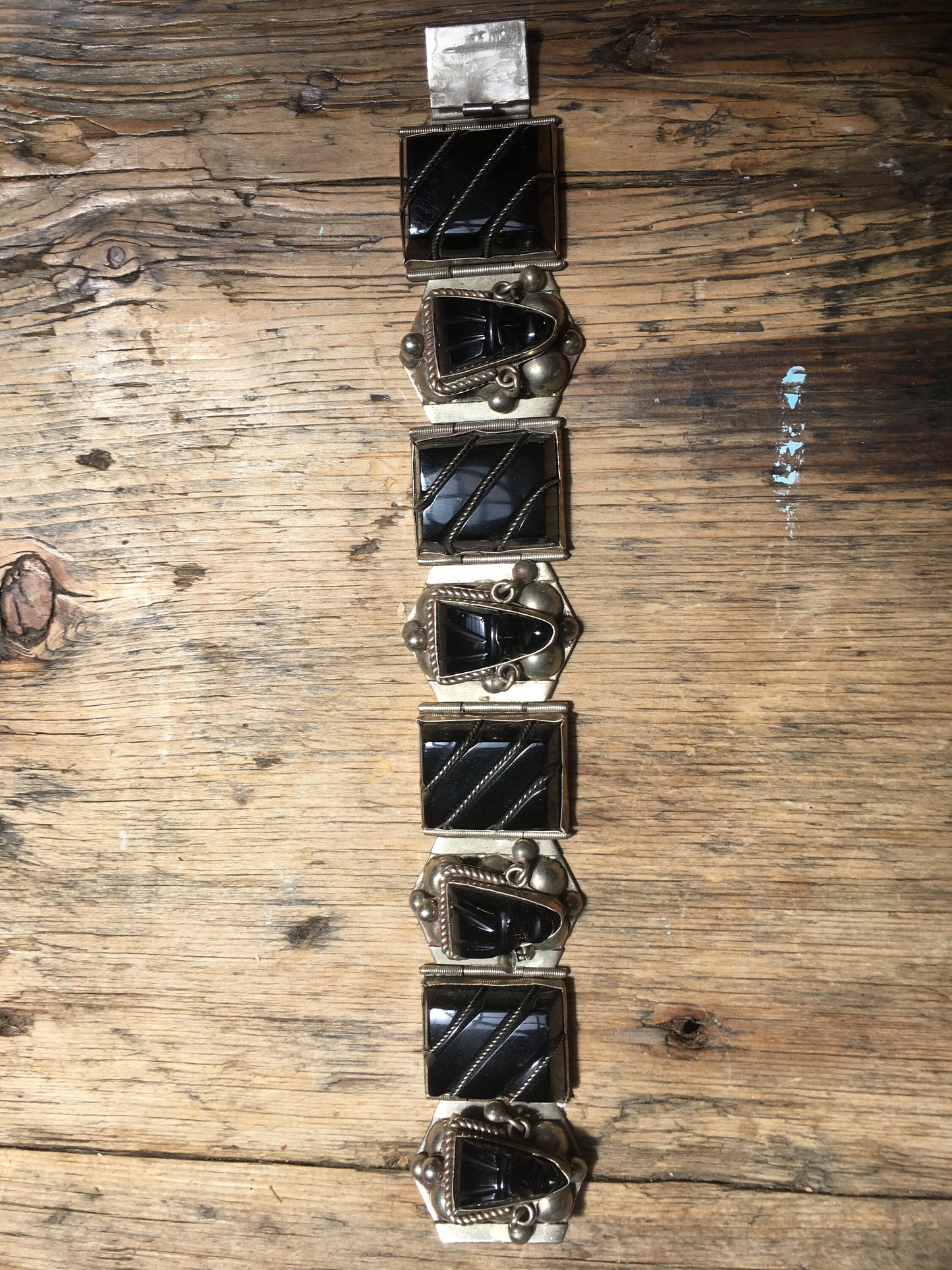 Vintage 1950's Mexican Aztec Onyx Warrior Mask Bracelet
