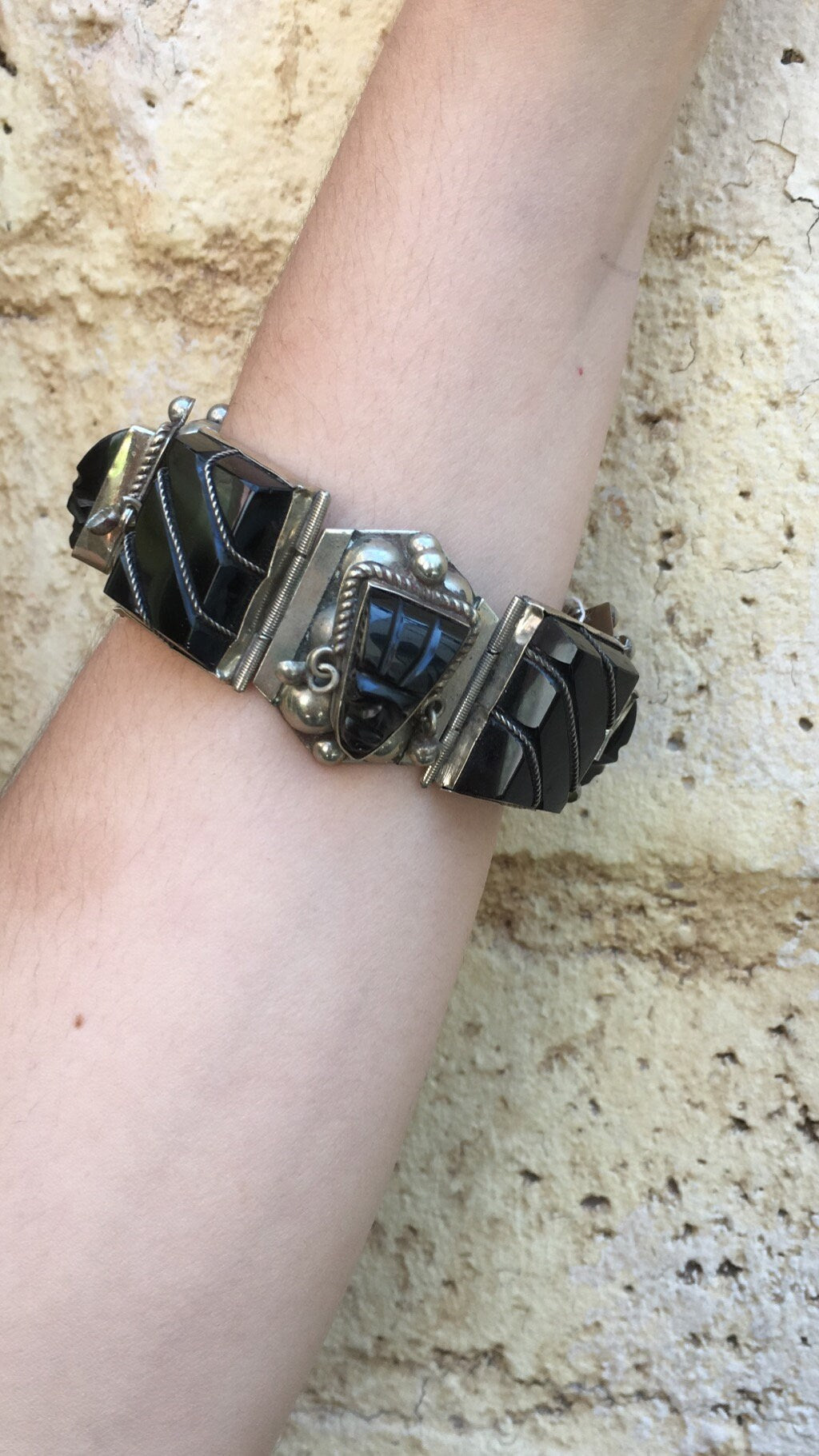 Vintage 1950's Mexican Aztec Onyx Warrior Mask Bracelet