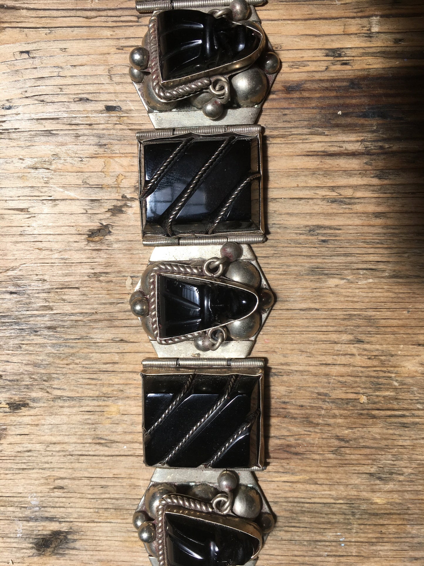 Vintage 1950's Mexican Aztec Onyx Warrior Mask Bracelet