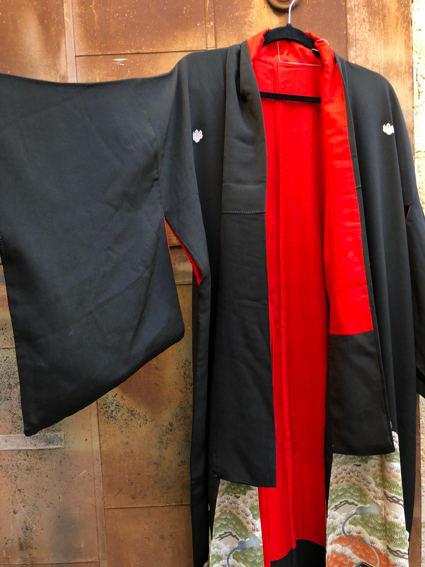 Vintage Black Silk Kimono with Sage, Orange Pine Motiff, Red Cotton Lining
