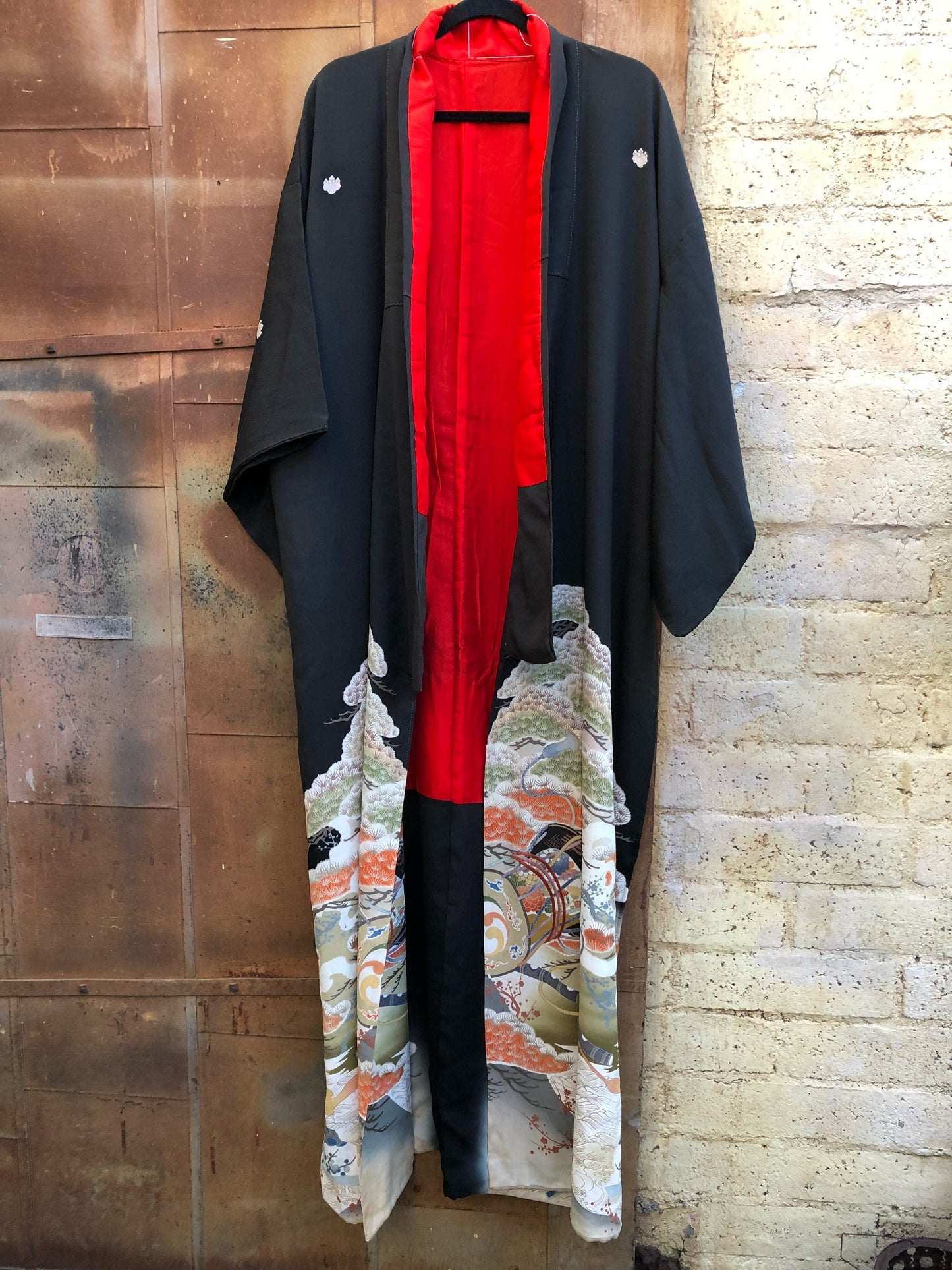 Vintage Black Silk Kimono with Sage, Orange Pine Motiff, Red Cotton Lining