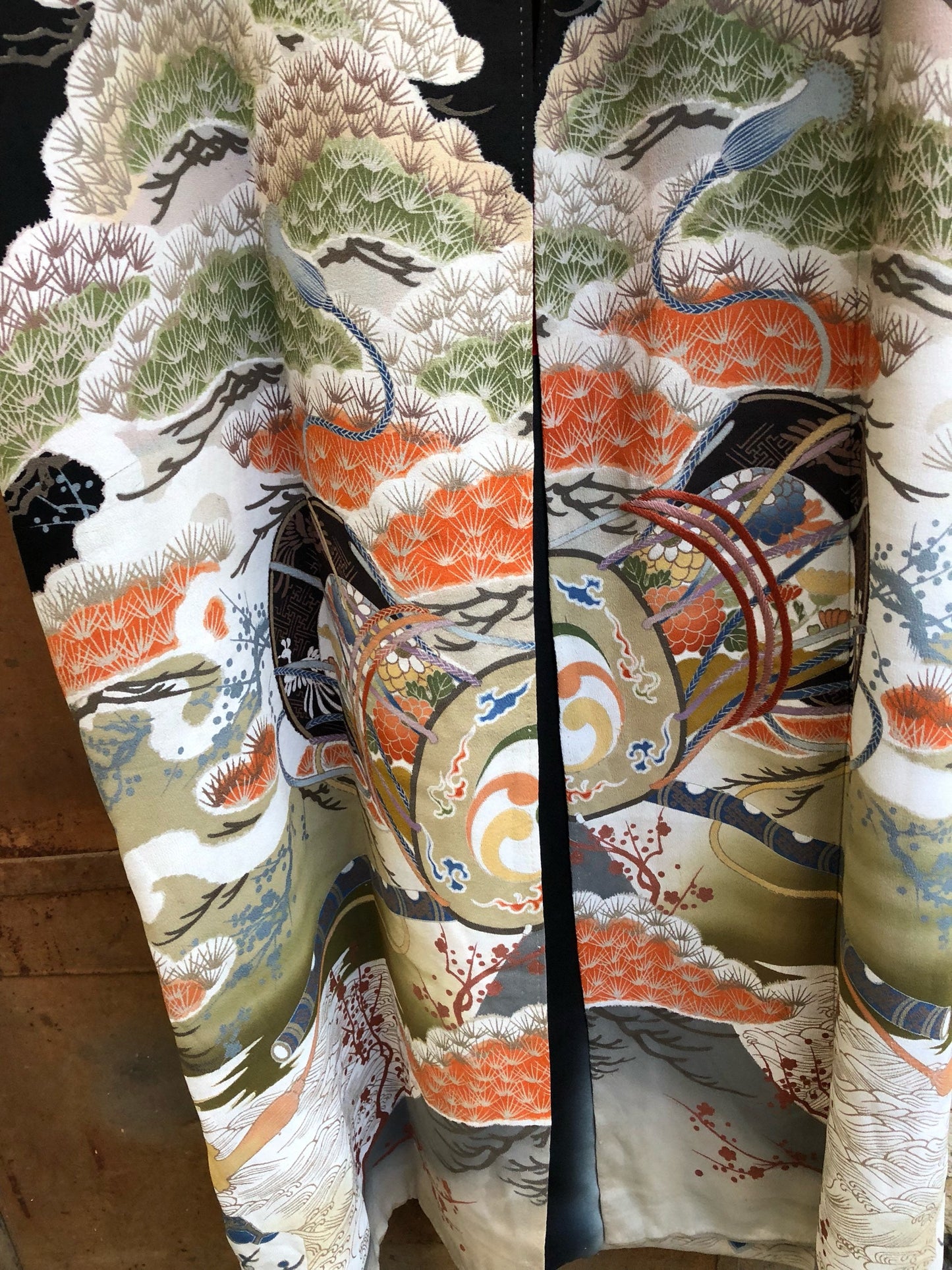 Vintage Black Silk Kimono with Sage, Orange Pine Motiff, Red Cotton Lining
