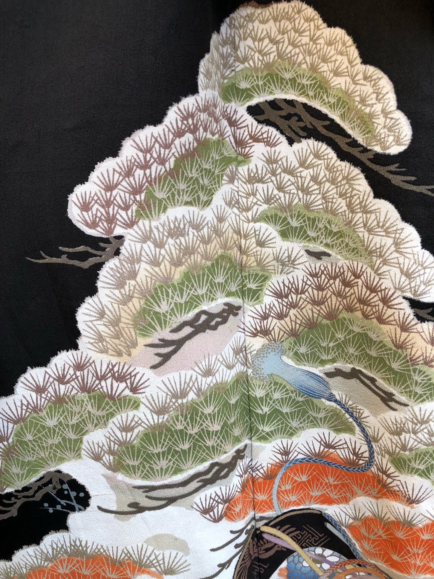 Vintage Black Silk Kimono with Sage, Orange Pine Motiff, Red Cotton Lining