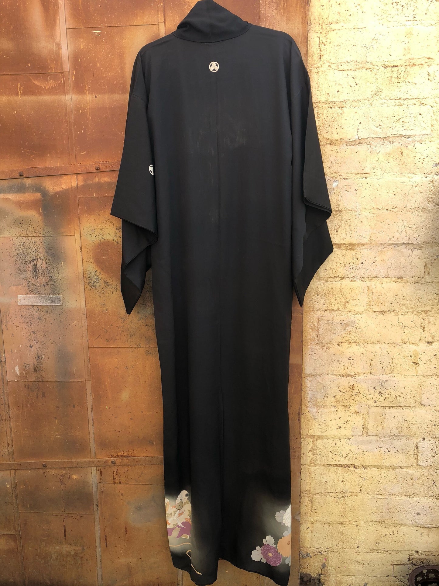 Vintage Japanese Black Silk Kimono with Orange, Beige and White Chrisanthumums and Daisies