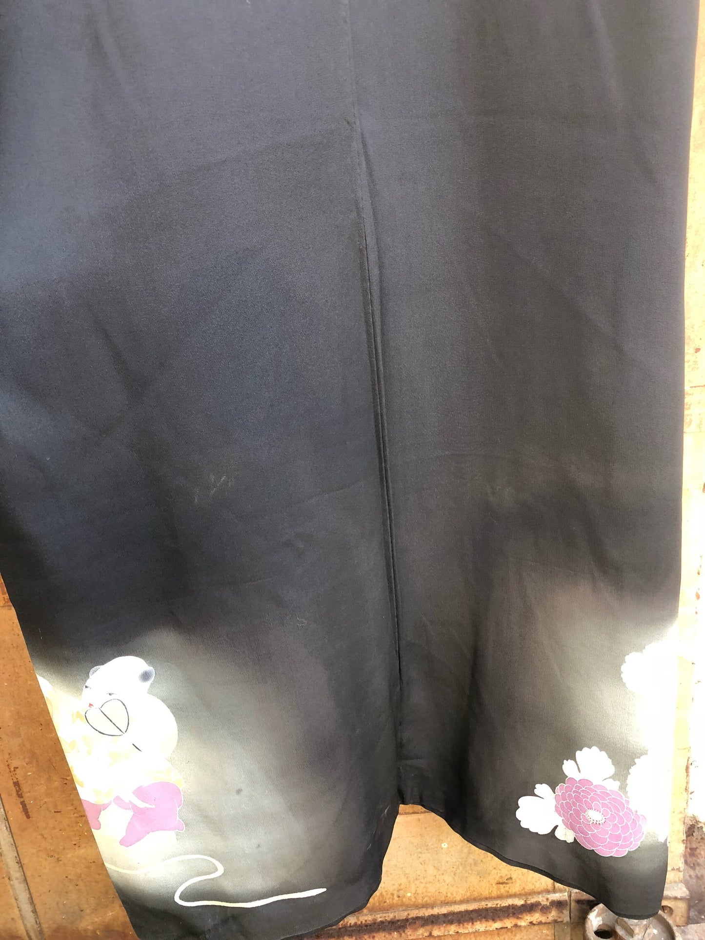 Vintage Japanese Black Silk Kimono with Orange, Beige and White Chrisanthumums and Daisies
