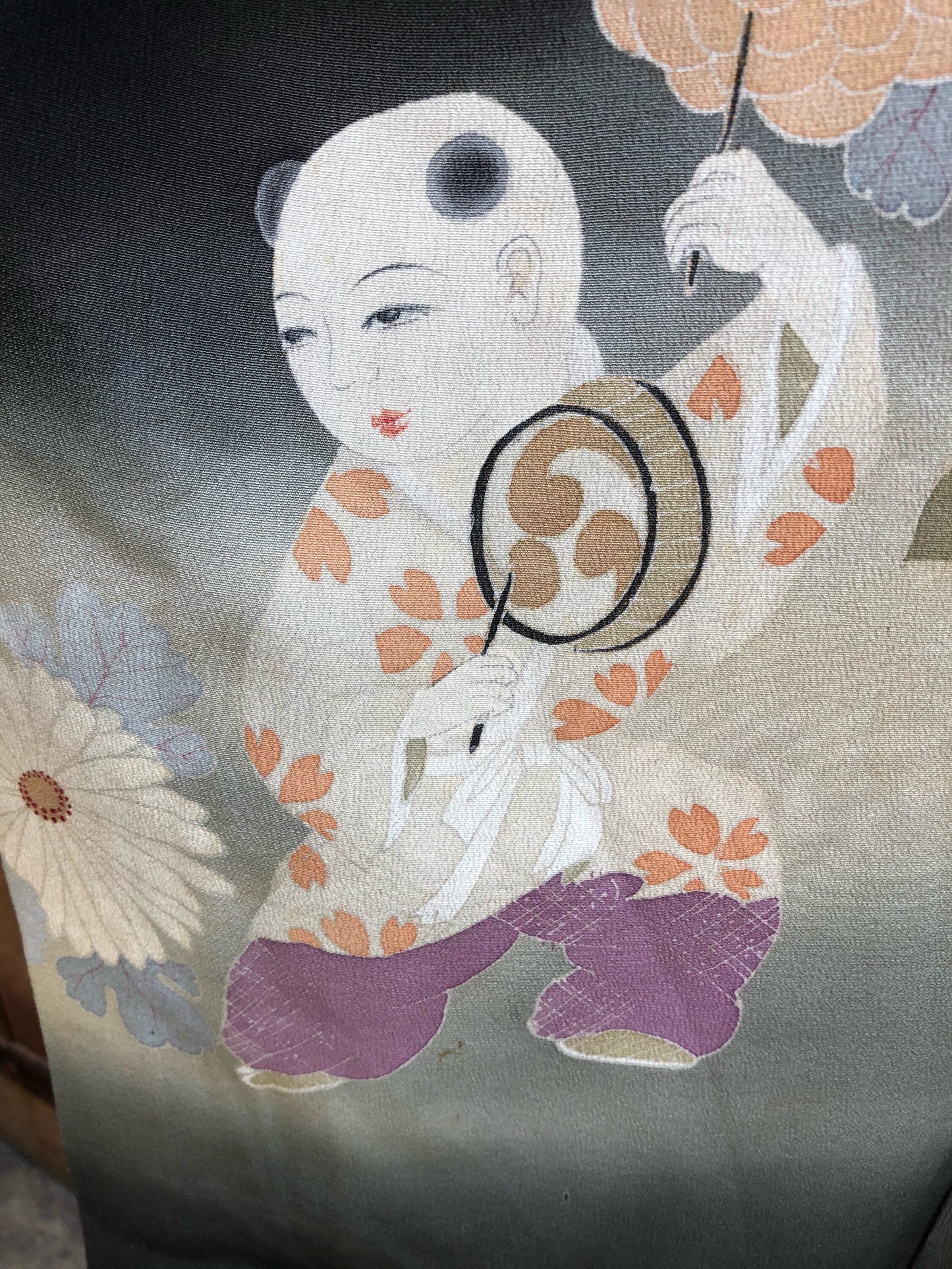 Vintage Japanese Black Silk Kimono with Orange, Beige and White Chrisanthumums and Daisies