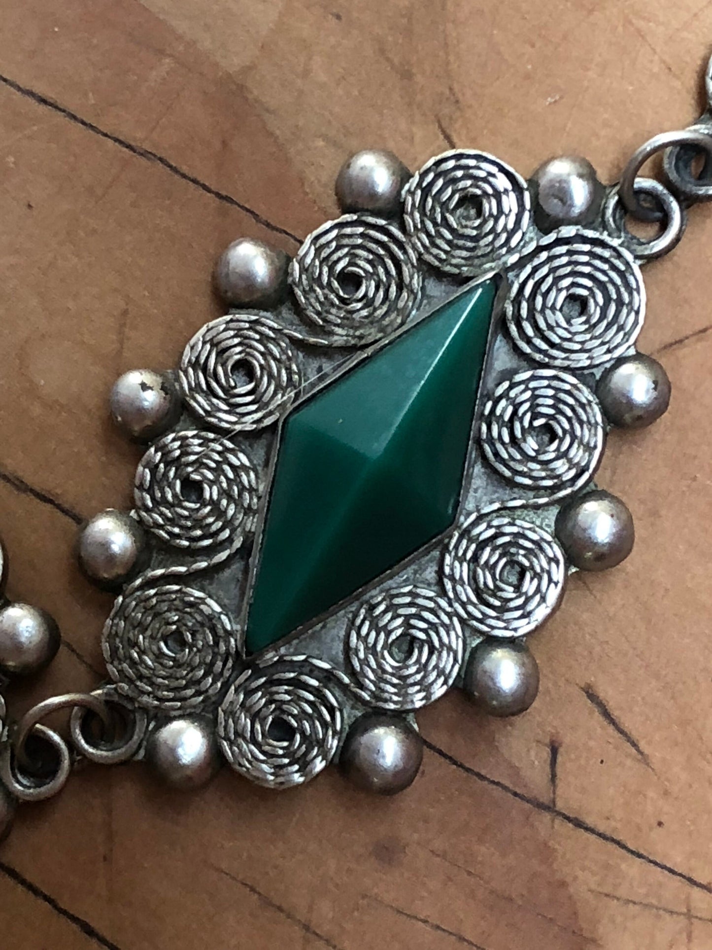 Three Panel Mexican Jade Mask Pendant and Sterling Silver Necklace