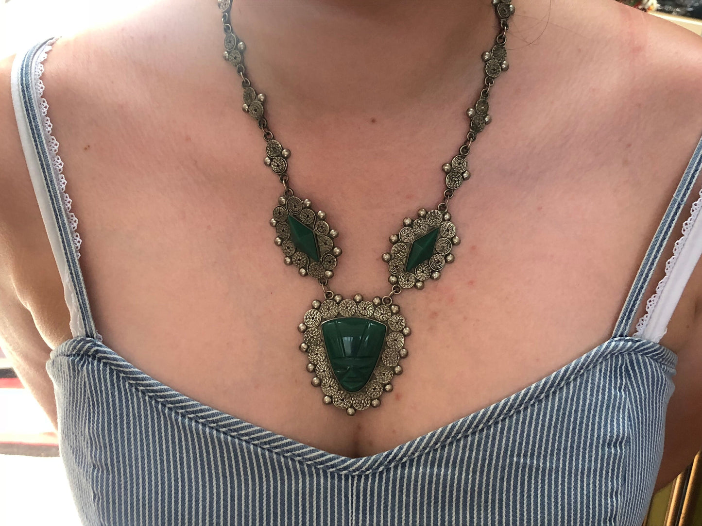 Three Panel Mexican Jade Mask Pendant and Sterling Silver Necklace