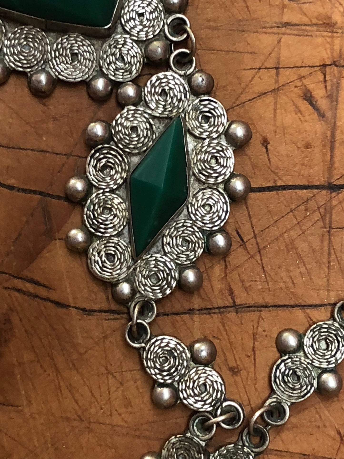 Three Panel Mexican Jade Mask Pendant and Sterling Silver Necklace
