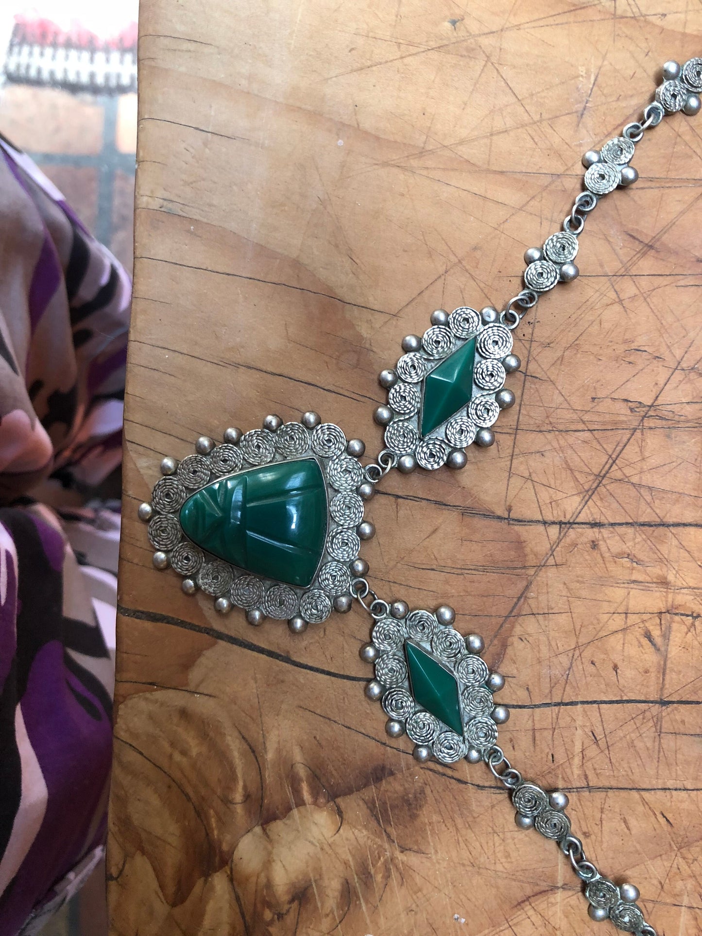 Three Panel Mexican Jade Mask Pendant and Sterling Silver Necklace