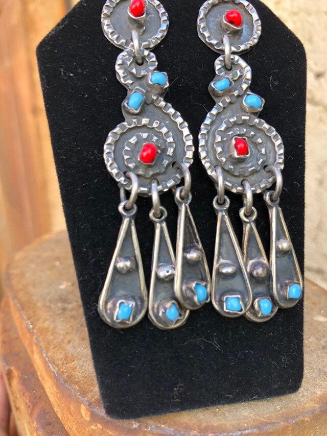 Vintage Sterling Silver and Glass Mexican Dangly Earrings