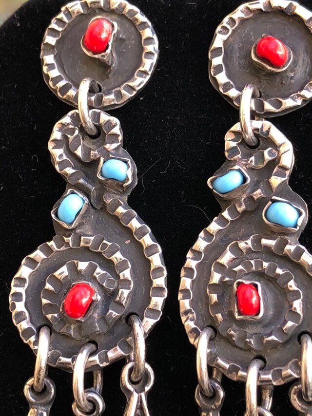 Vintage Sterling Silver and Glass Mexican Dangly Earrings