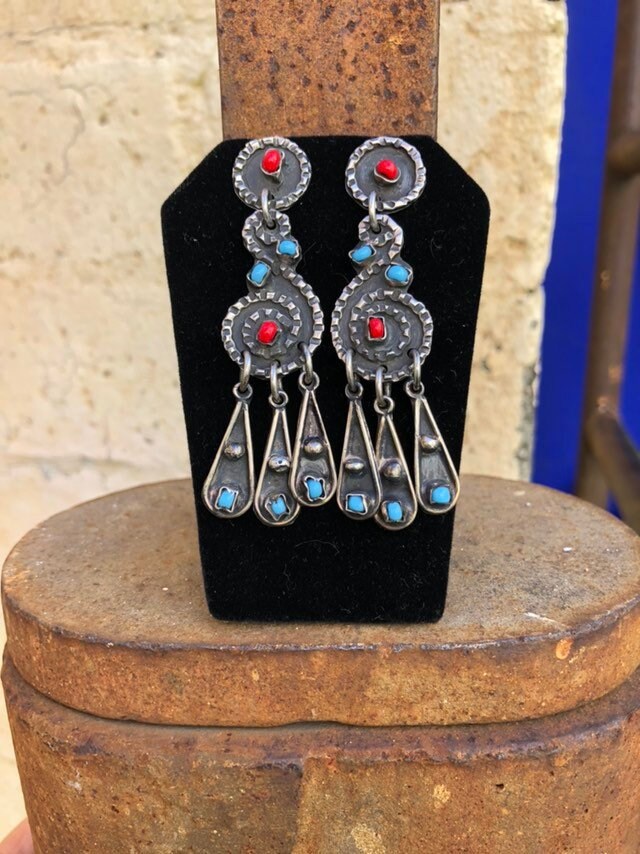 Vintage Sterling Silver and Glass Mexican Dangly Earrings