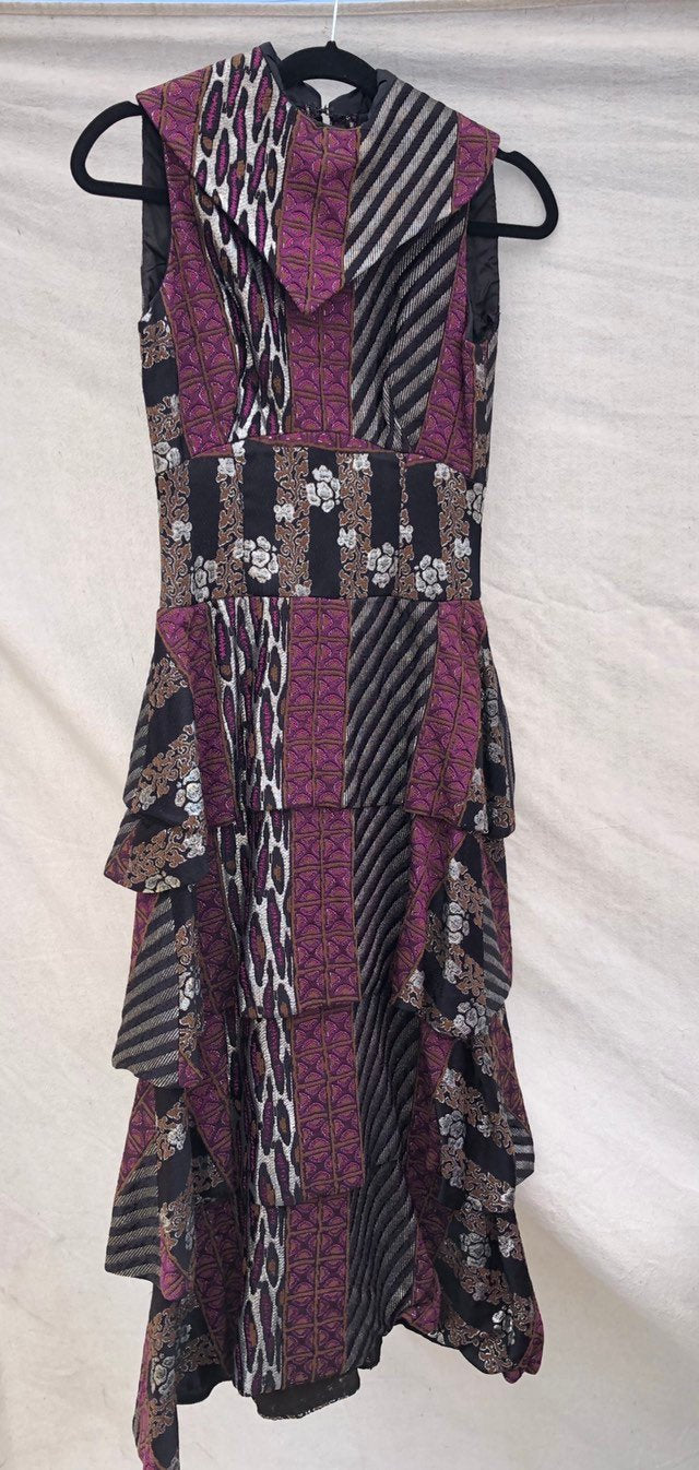 Vintage 1980s Ruffled Party Dress Black, Purple, Brown, Silver