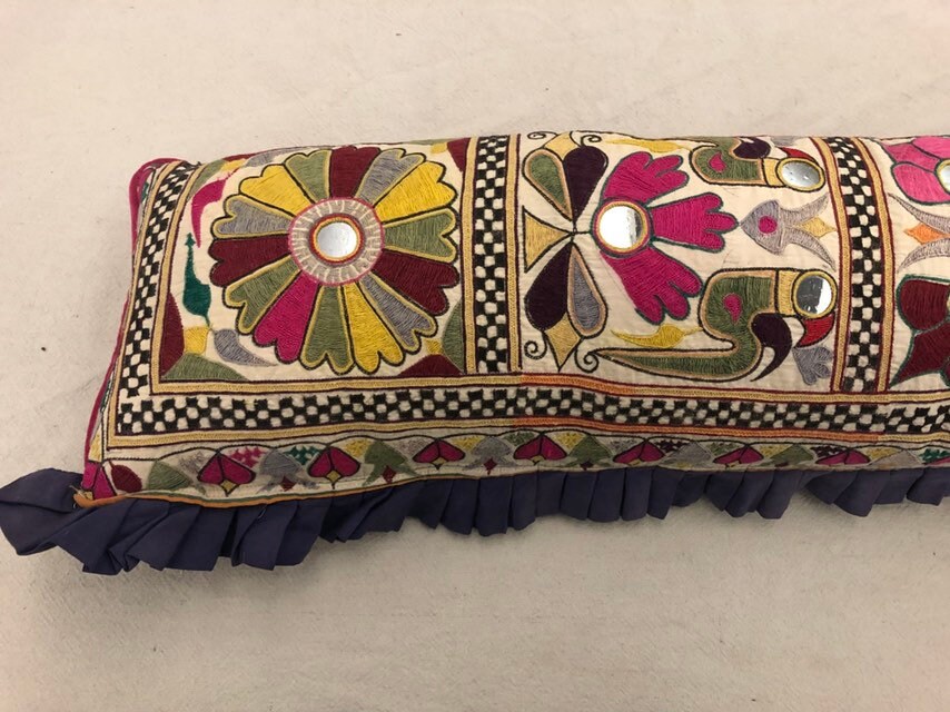 One Of A Kind Long Vintage Indian Hand Embroidered Textile and Hot Pink Silk Velvet Pillow