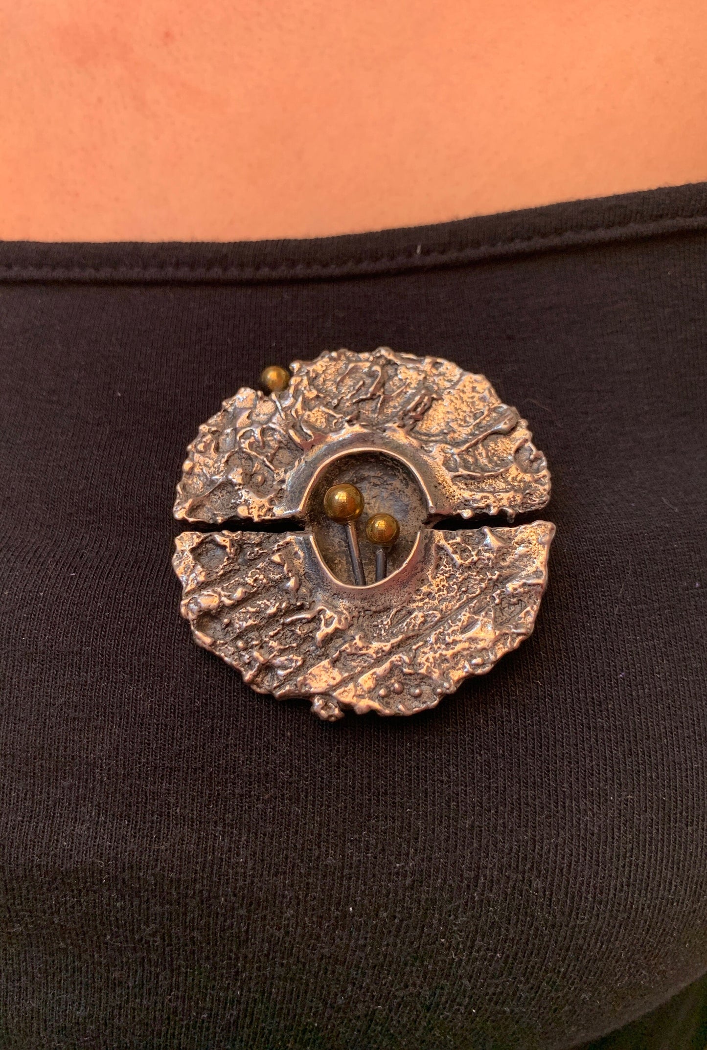 Guy Vidal Brutalist Pewter/Brass Circle Brooch