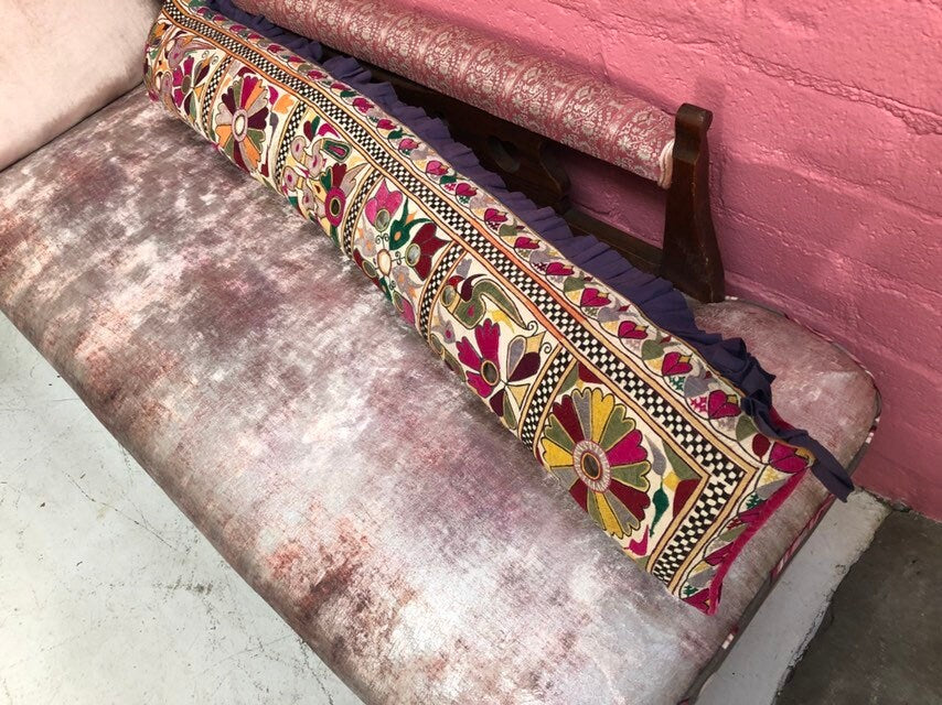 One Of A Kind Long Vintage Indian Hand Embroidered Textile and Hot Pink Silk Velvet Pillow