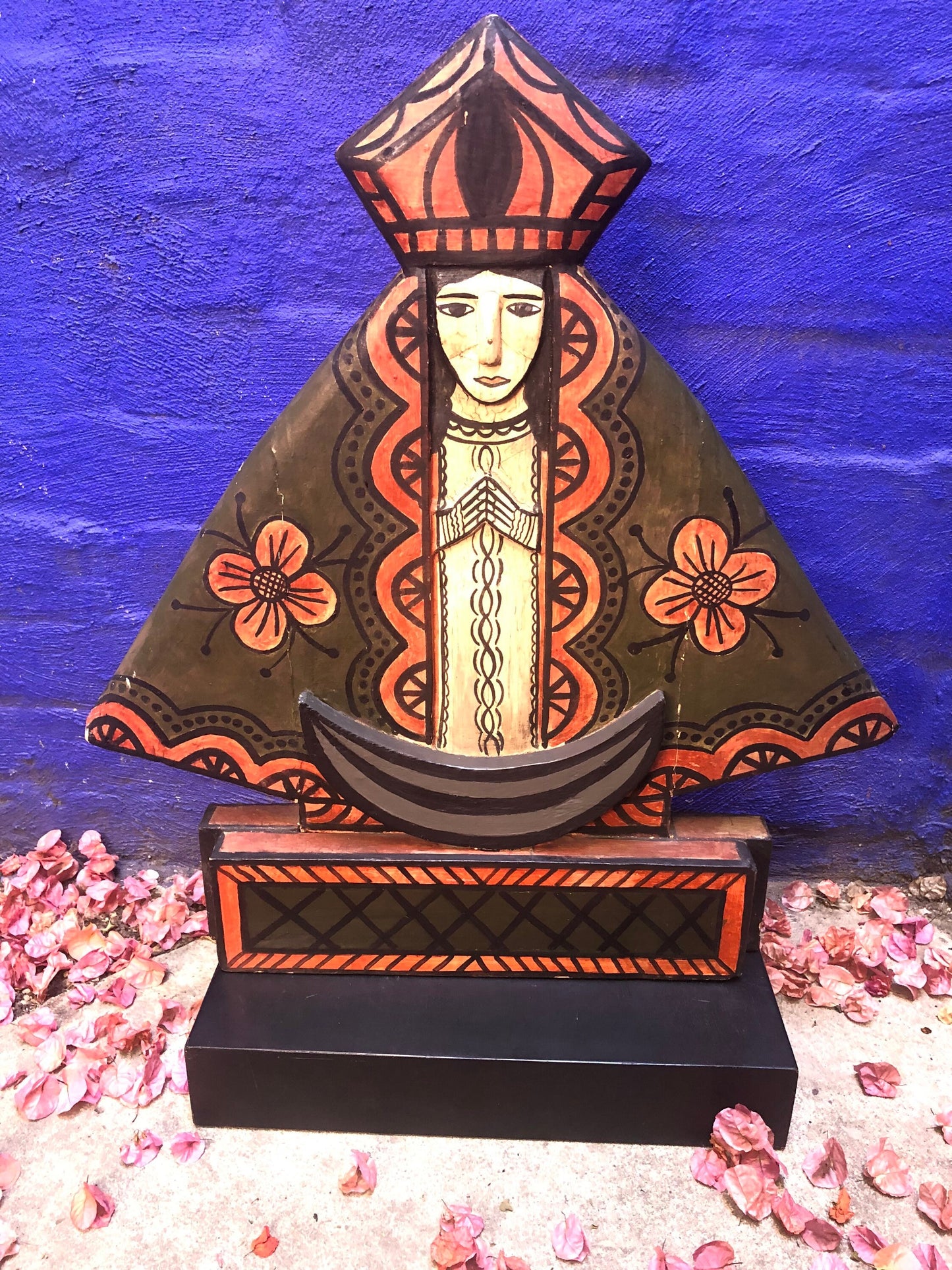 Religious Madonna Figure on Wood Stand