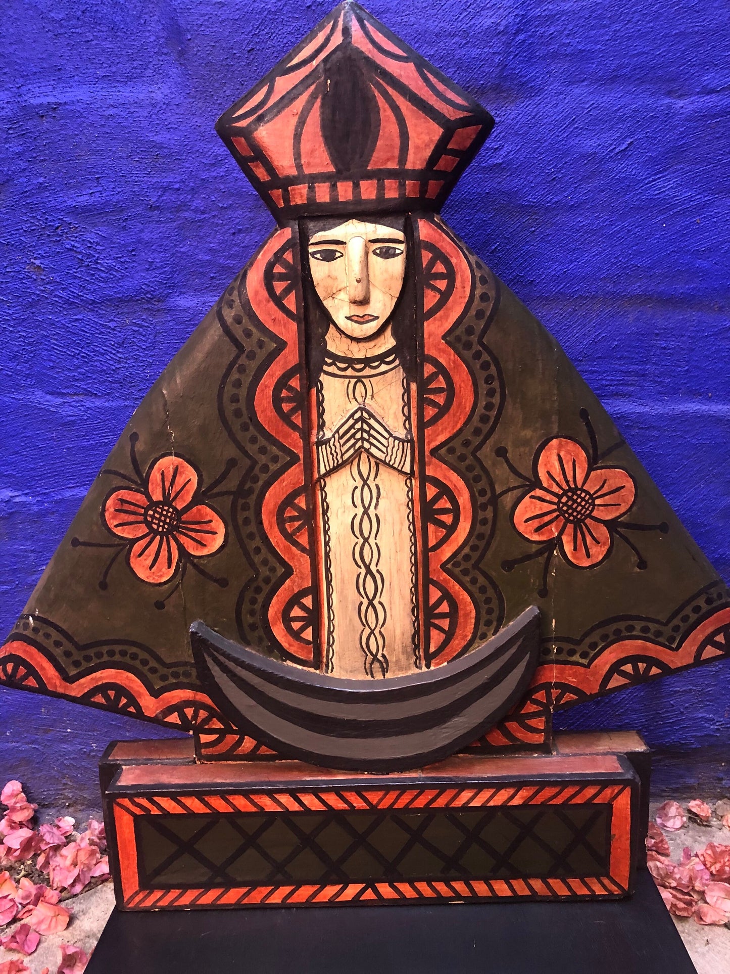 Religious Madonna Figure on Wood Stand