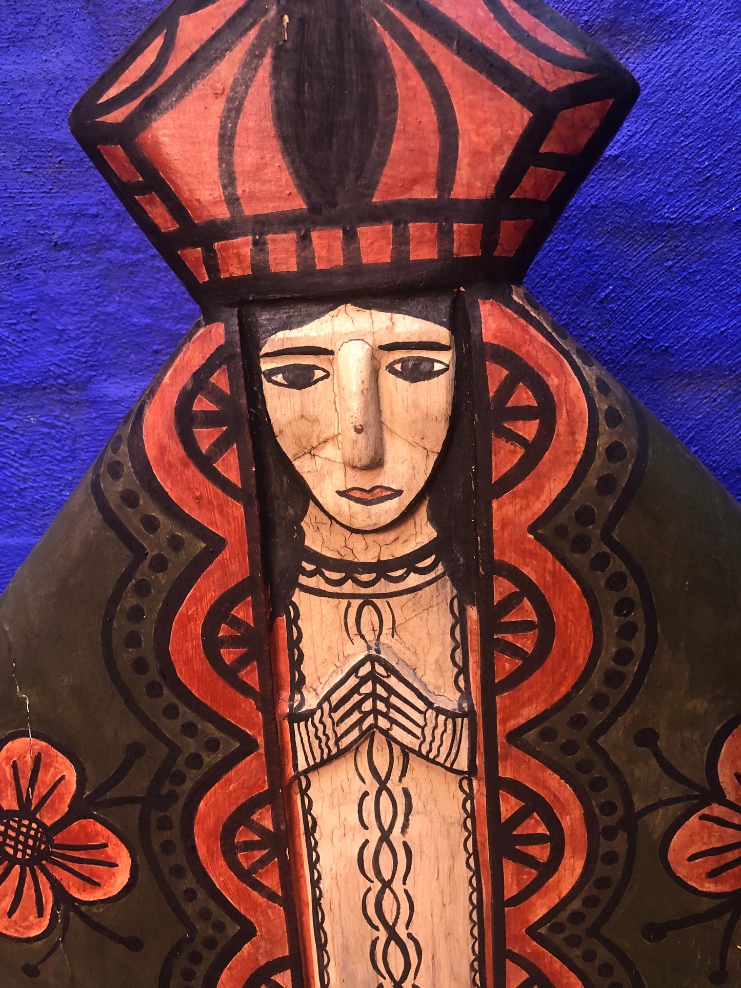 Religious Madonna Figure on Wood Stand