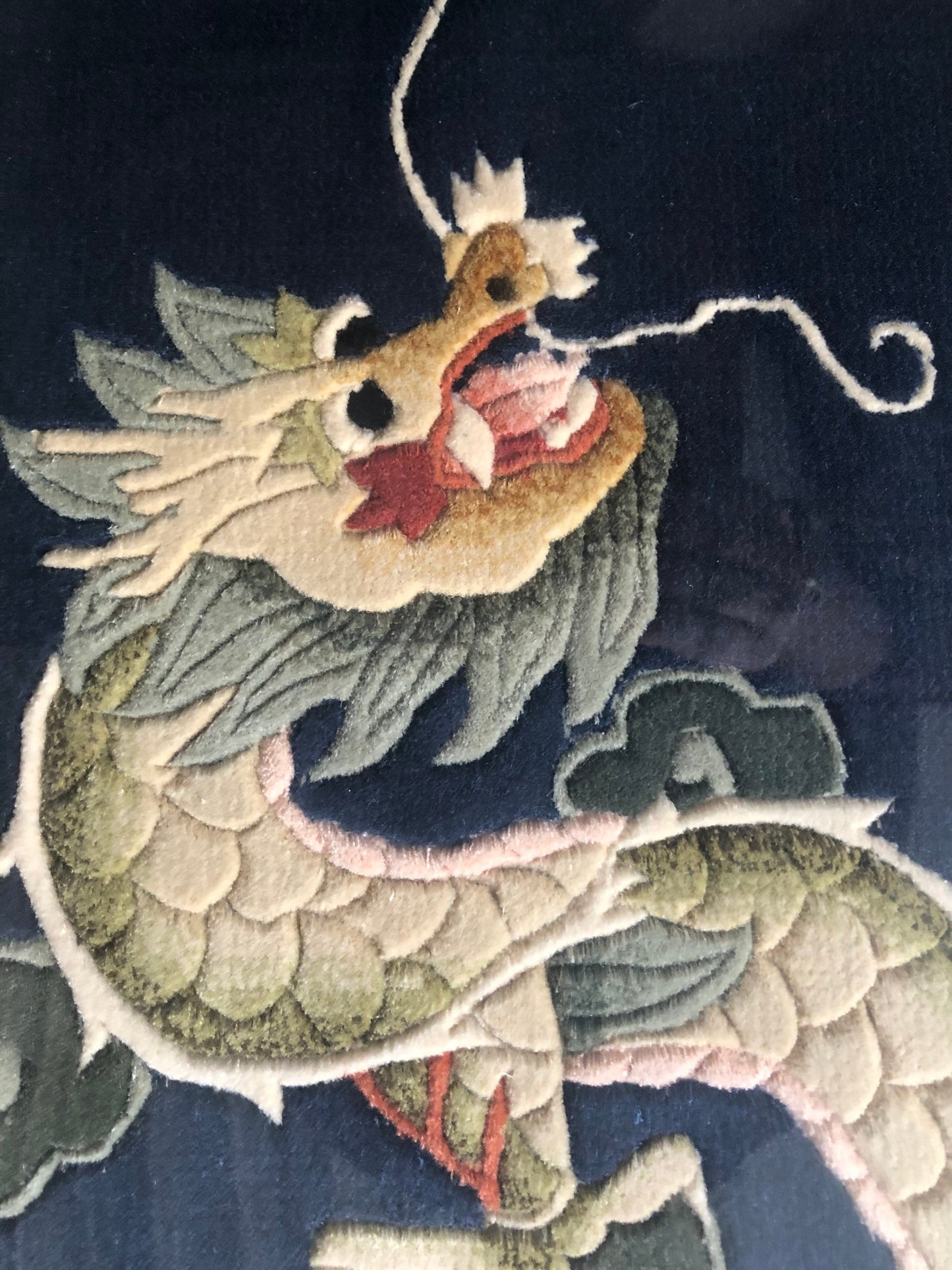Vintage Silk Dragon Rug Framed in Black 1980s without the frame