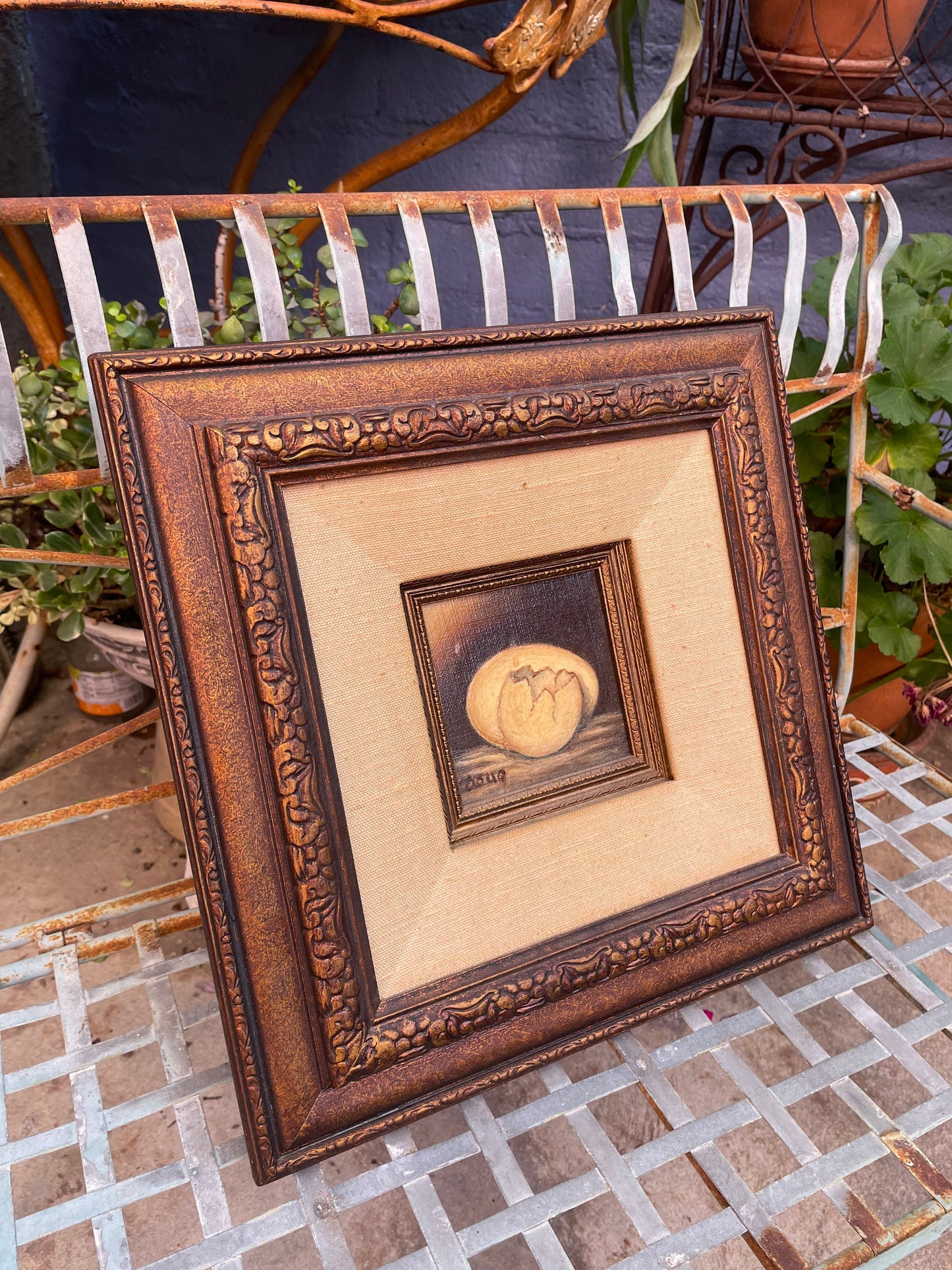 Folk Art Still Life Cracked Egg Oil Painting Wooden Frame