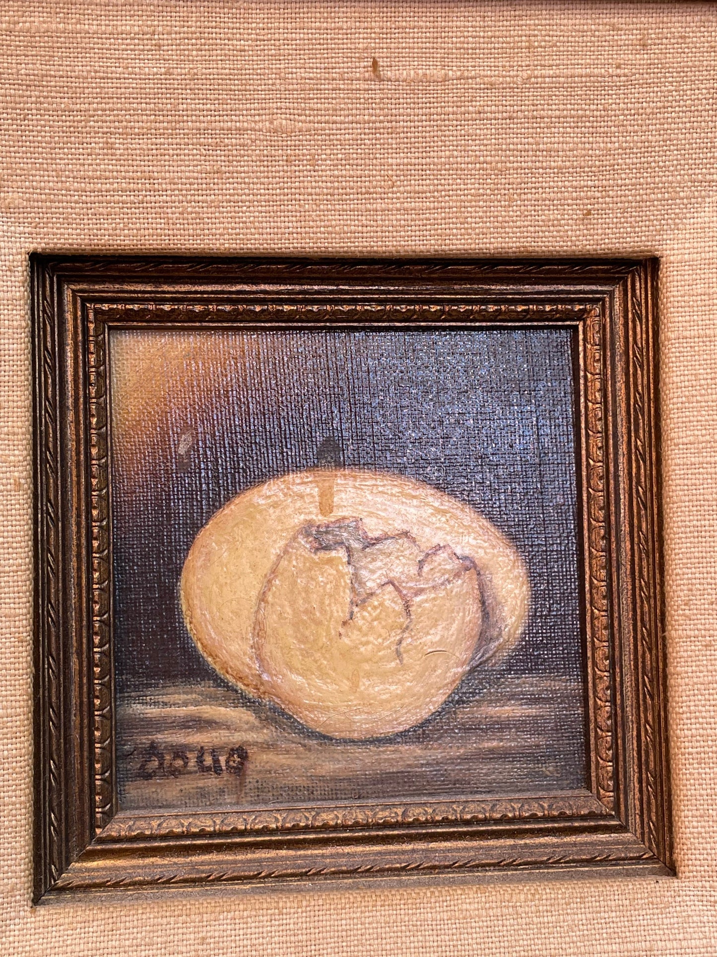 Folk Art Still Life Cracked Egg Oil Painting Wooden Frame
