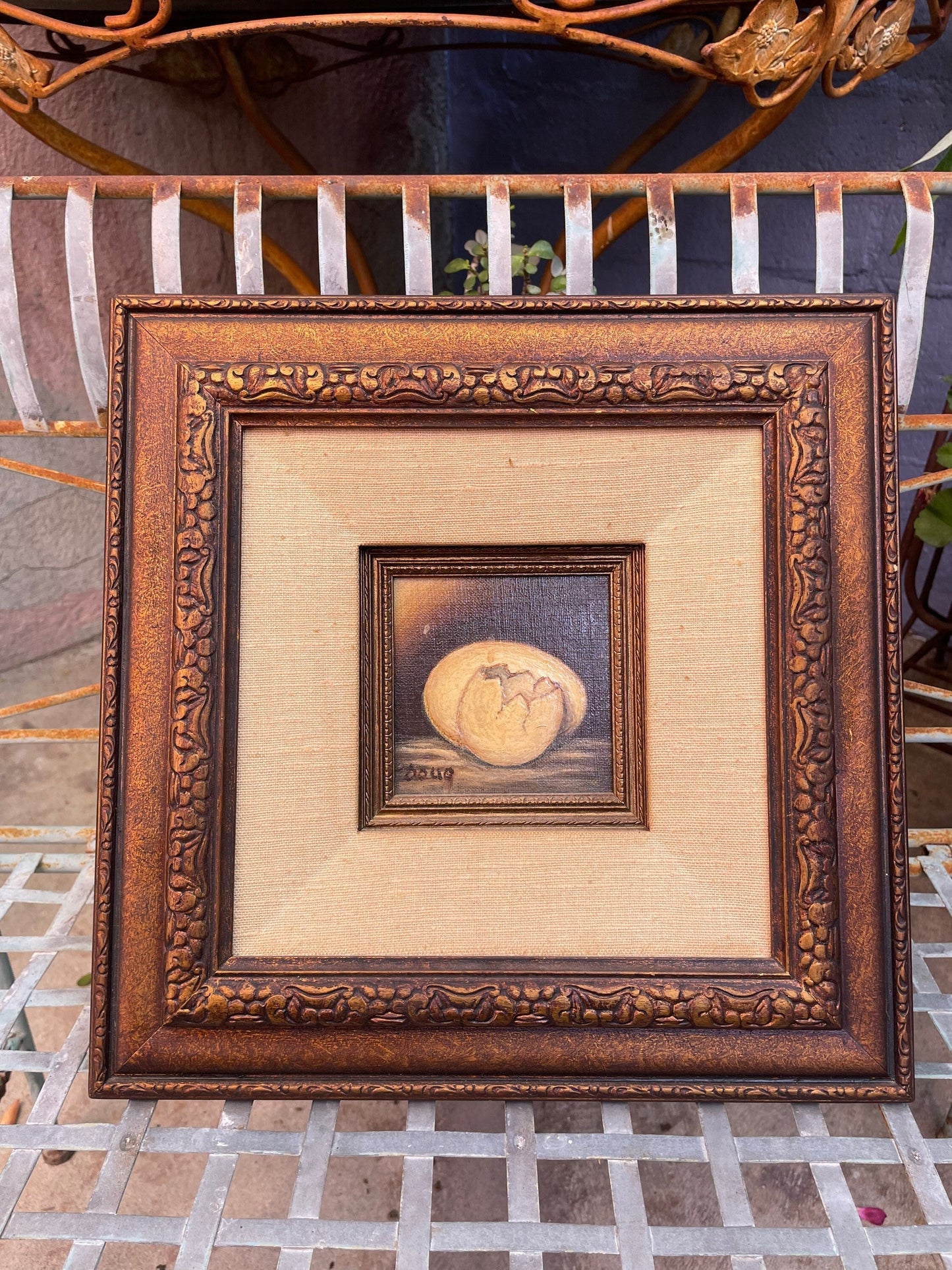 Folk Art Still Life Cracked Egg Oil Painting Wooden Frame