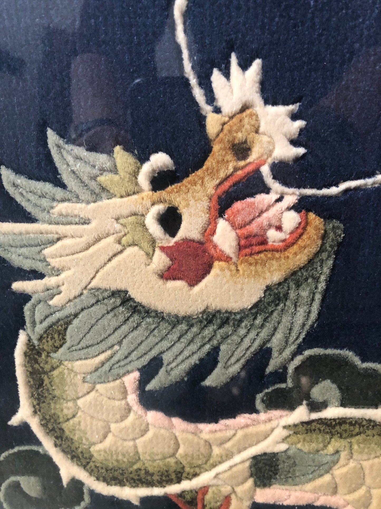 Vintage Silk Dragon Rug Framed in Black 1980s without the frame