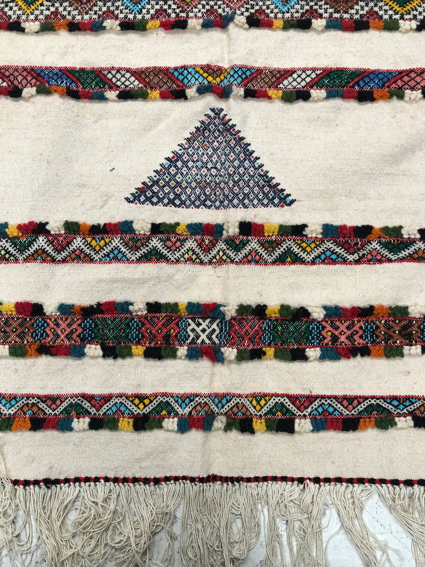 Ethnic Boho Hand Loomed White Area Rug with Graphic Color Design