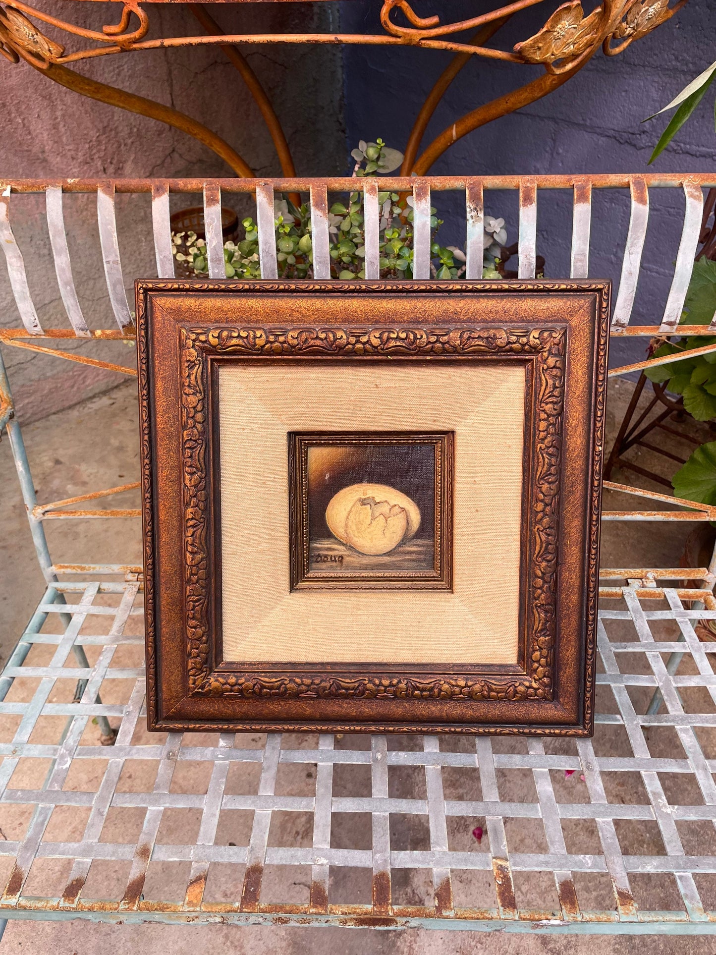 Folk Art Still Life Cracked Egg Oil Painting Wooden Frame