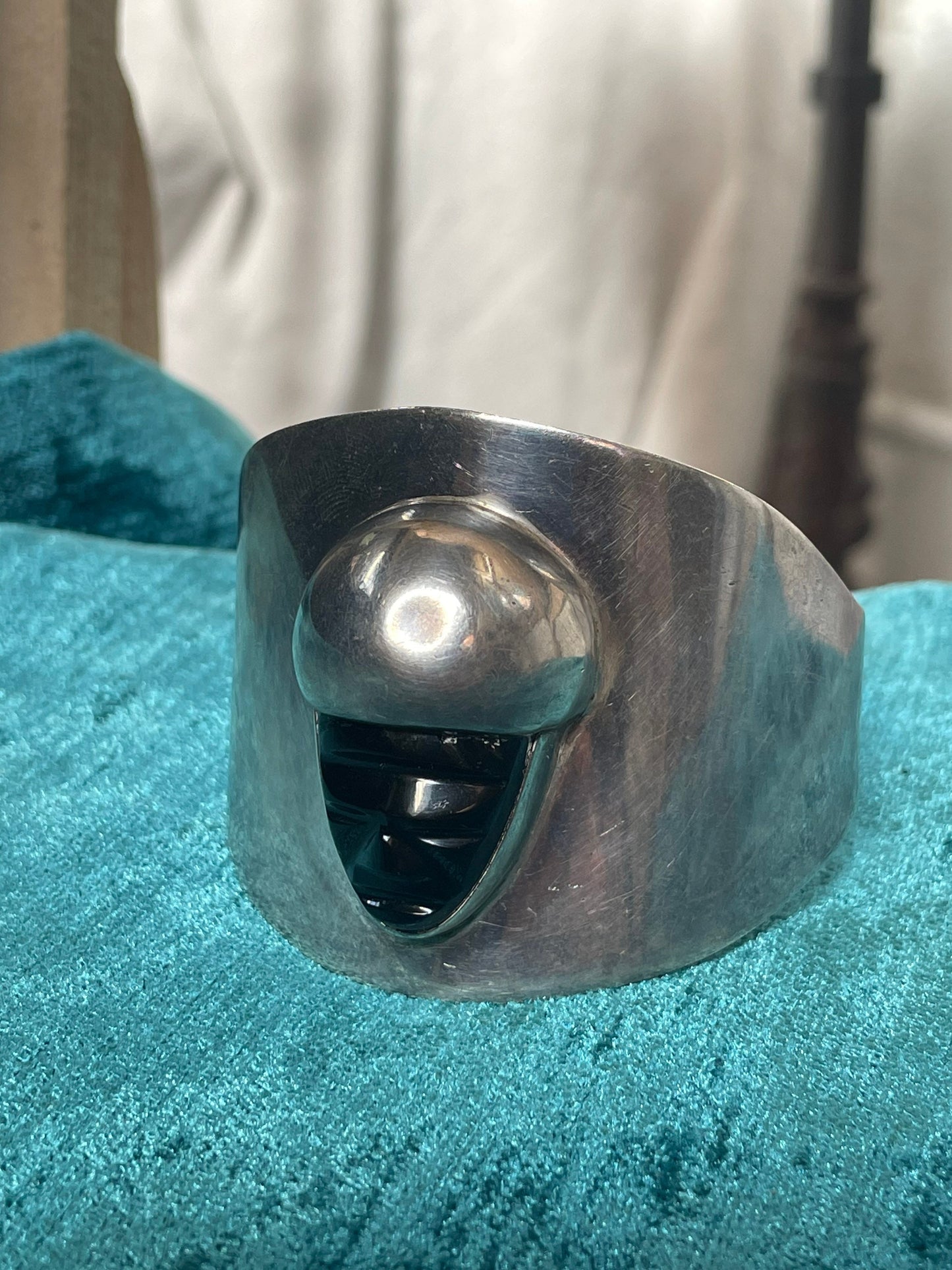 Vintage Espinosa Mexican Sterling Silver Signed Black Onyx Indigenous Head Cuff Bracelet