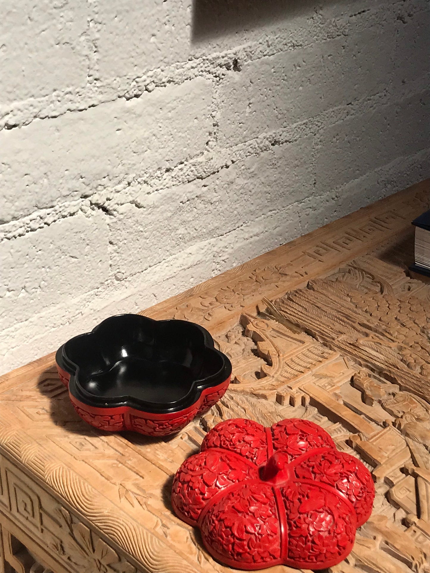 Vintage Antique Cinnabar Carved Lacquerware Pumpkin Shaped Jewelry Box