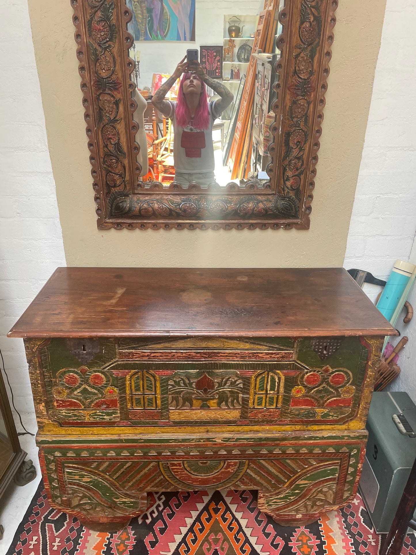 Vintage Antique Colonial Hand carved Peruvian Trunk with Wheels and Mirror