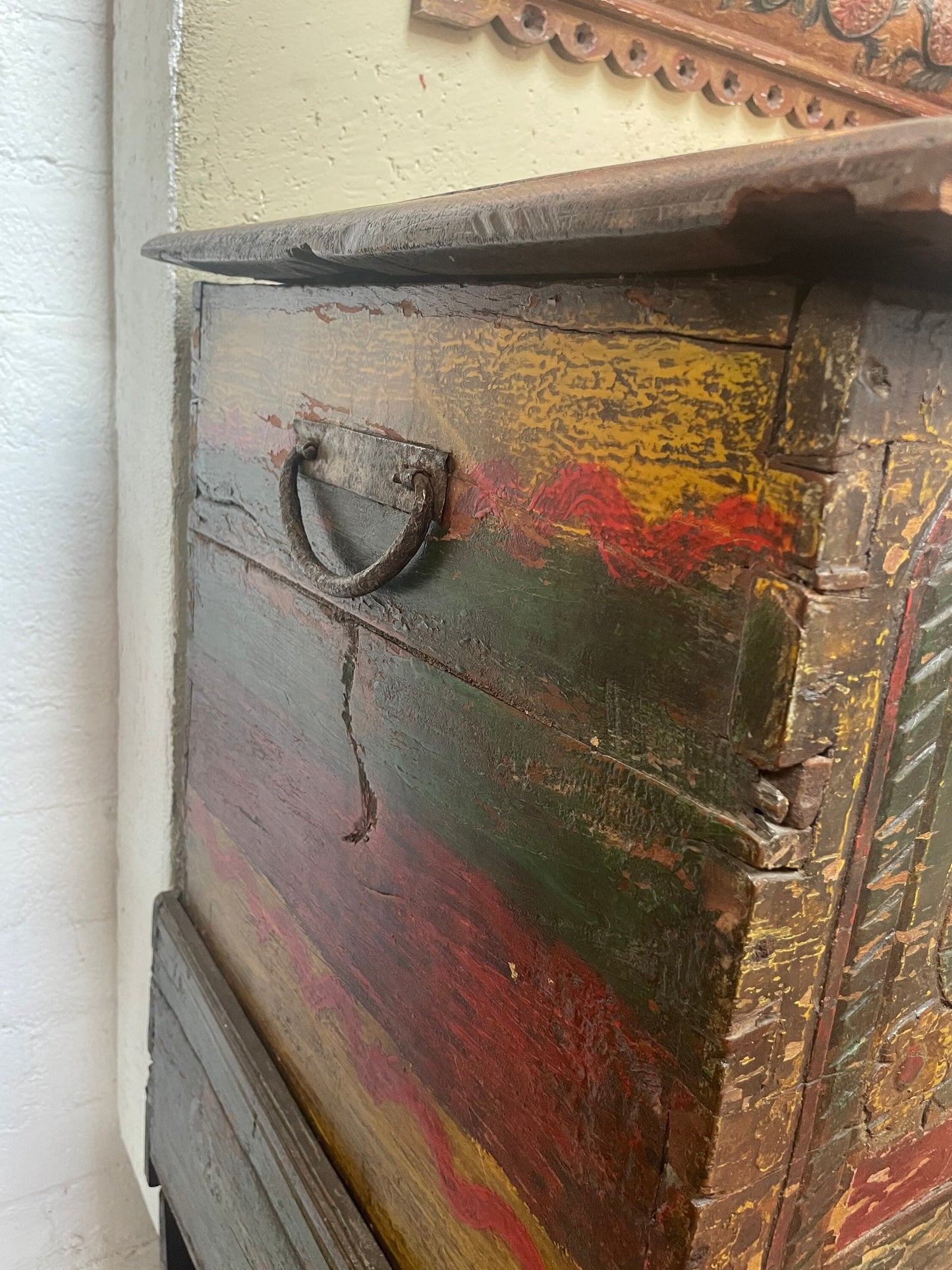 Vintage Antique Colonial Hand carved Peruvian Trunk with Wheels and Mirror
