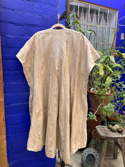 Vintage African Hausa Chief's Robe Hand Embroidered and Hand Woven Linen Beige Dress Tunic Kaftan