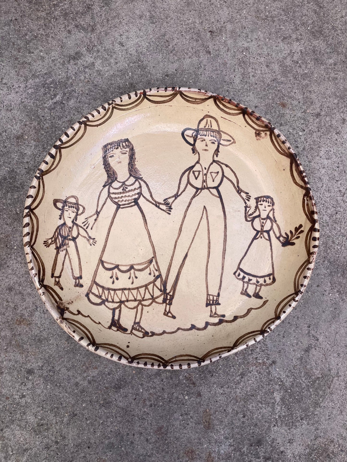 Vintage Mexican Michoachan Handpainted Cermanic Plate Family TZIN TZUN TZAN