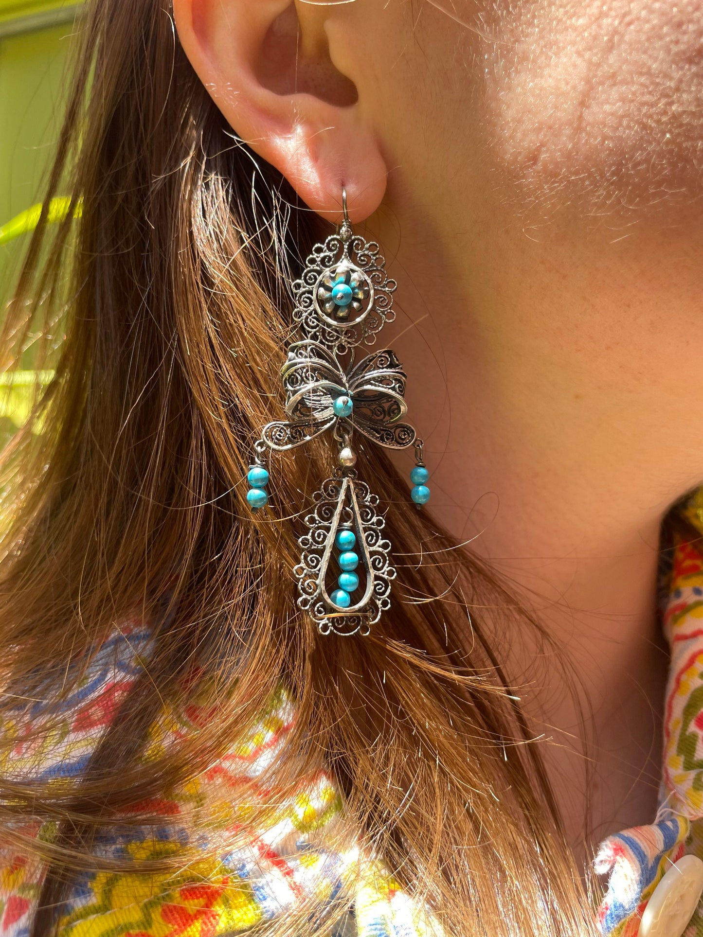 Mexican Vintage Style Federico Jimenez Sterling Silver and Turquoise Filigree Dangle Earrings