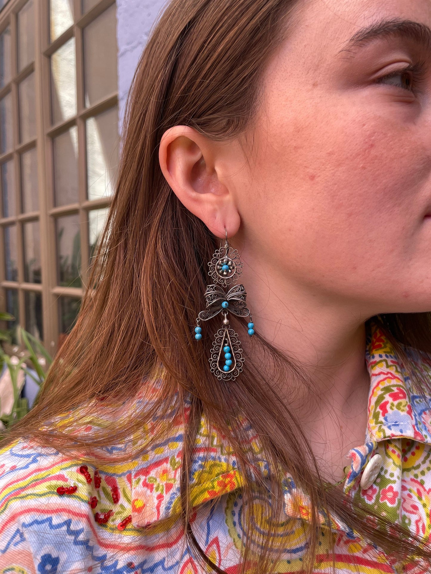 Mexican Vintage Style Federico Jimenez Sterling Silver and Turquoise Filigree Dangle Earrings