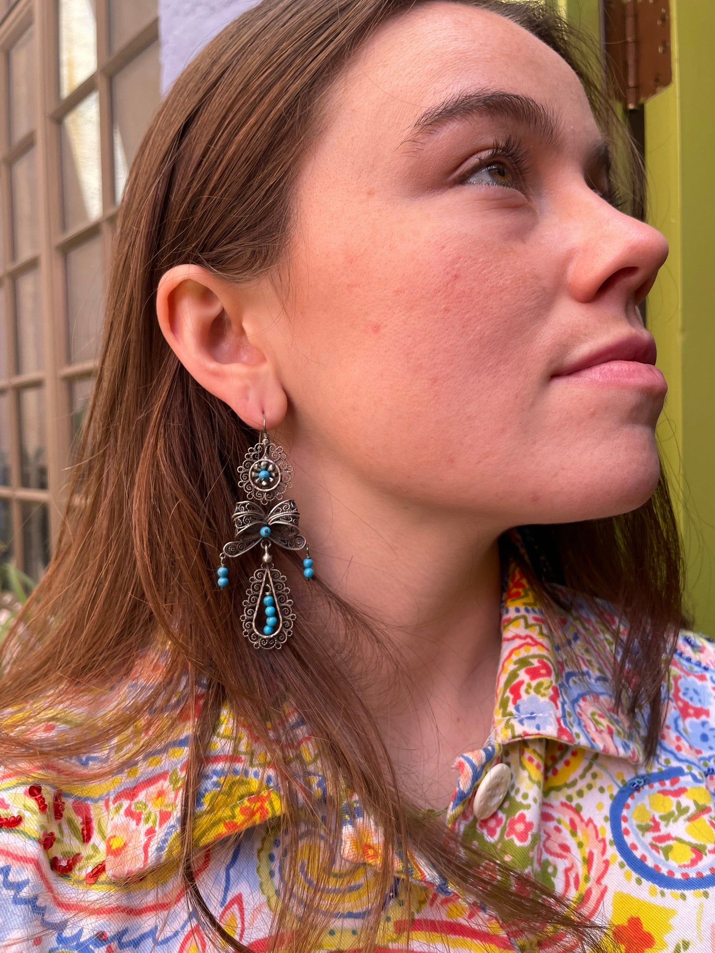 Mexican Vintage Style Federico Jimenez Sterling Silver and Turquoise Filigree Dangle Earrings