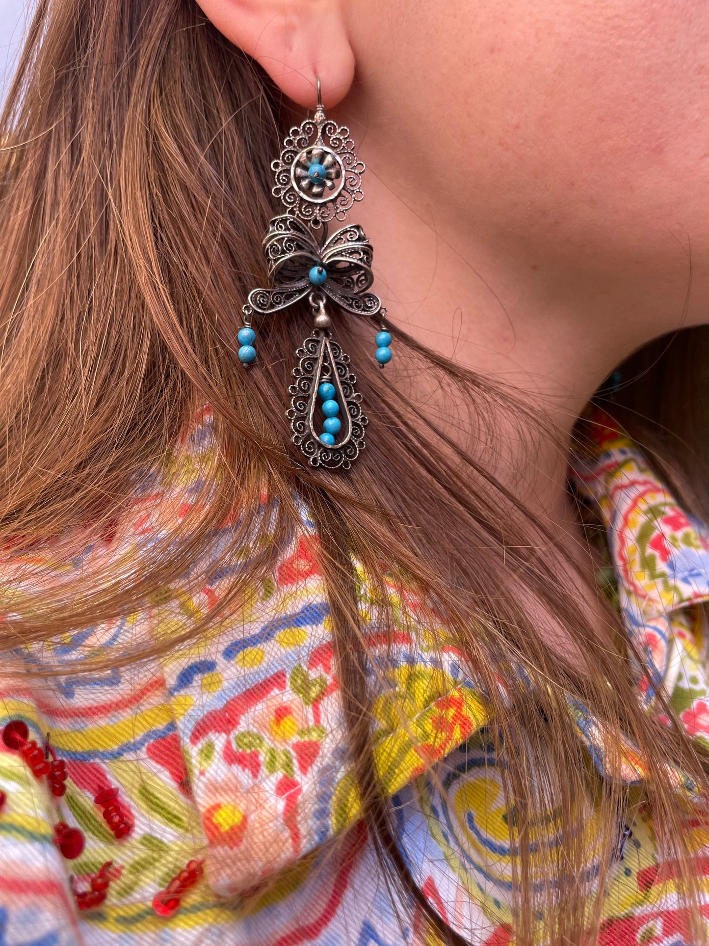 Mexican Vintage Style Federico Jimenez Sterling Silver and Turquoise Filigree Dangle Earrings
