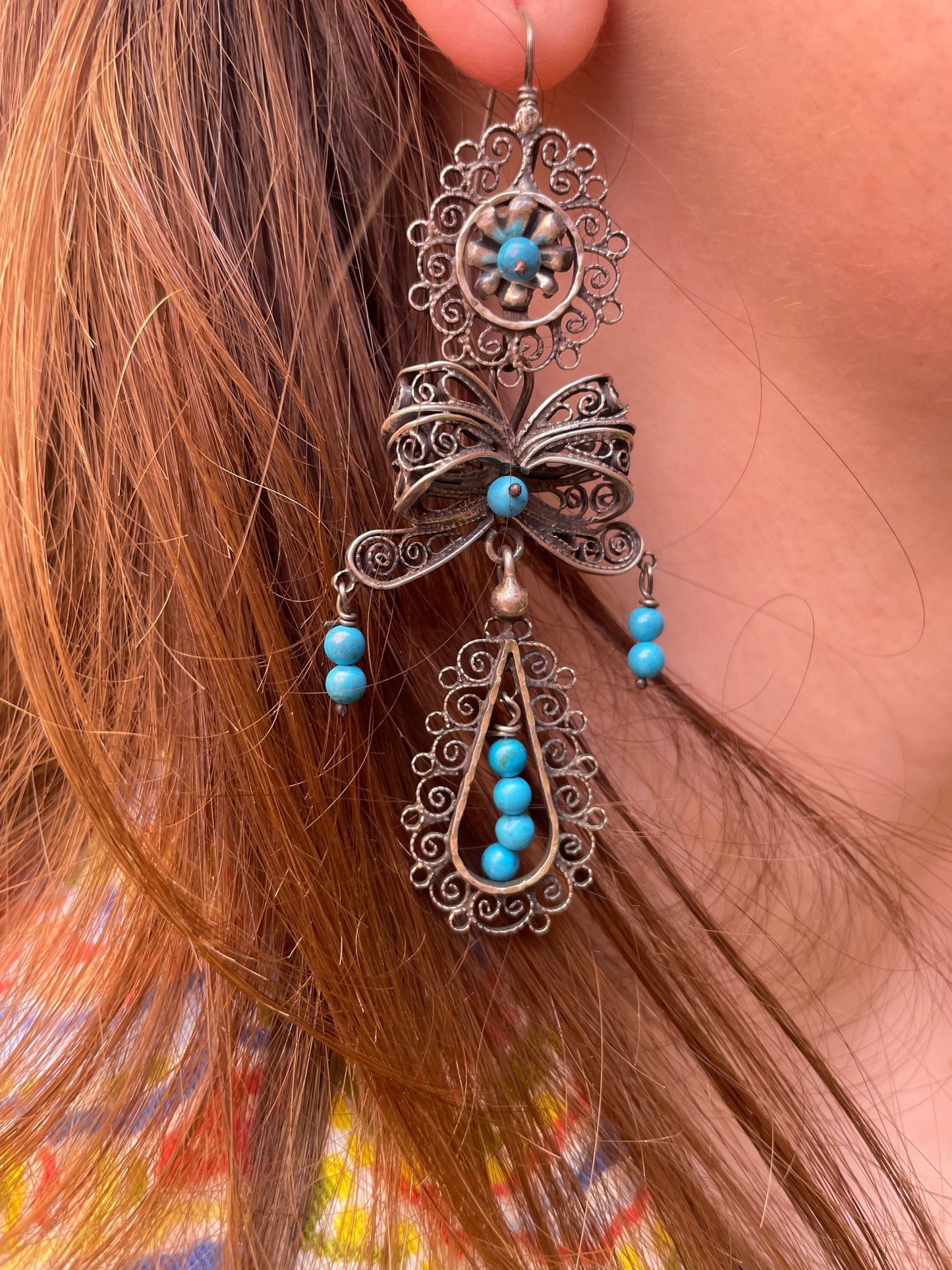 Mexican Vintage Style Federico Jimenez Sterling Silver and Turquoise Filigree Dangle Earrings