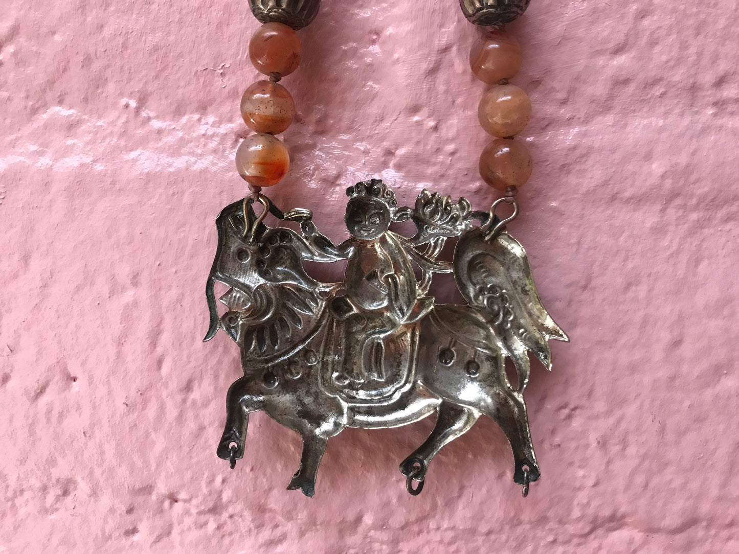 Vintage Citrine Beaded Necklace with Chinese Metal Pendant