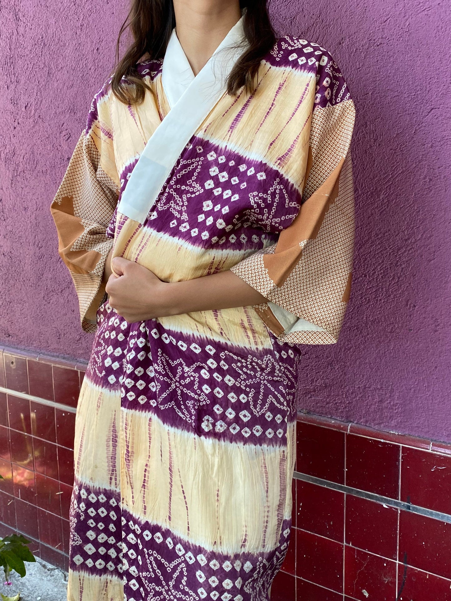 Vintage Silk Purple and Butter Yellow Kimono Jacket