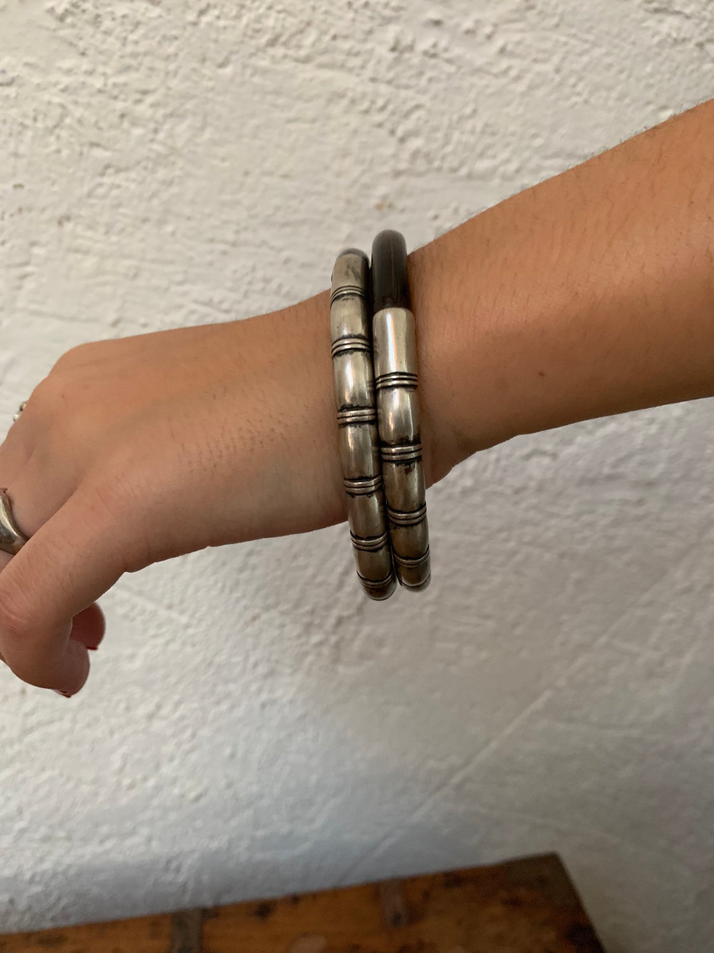 Antique Chinese Bamboo and Sterling Silver Bangles