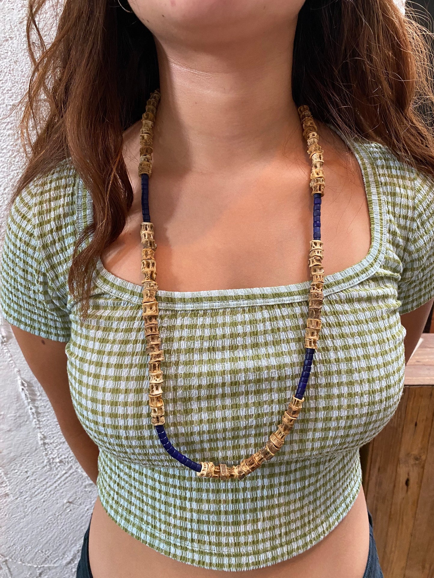 Fish Vertebrae and Blue Lapis Beaded Necklace