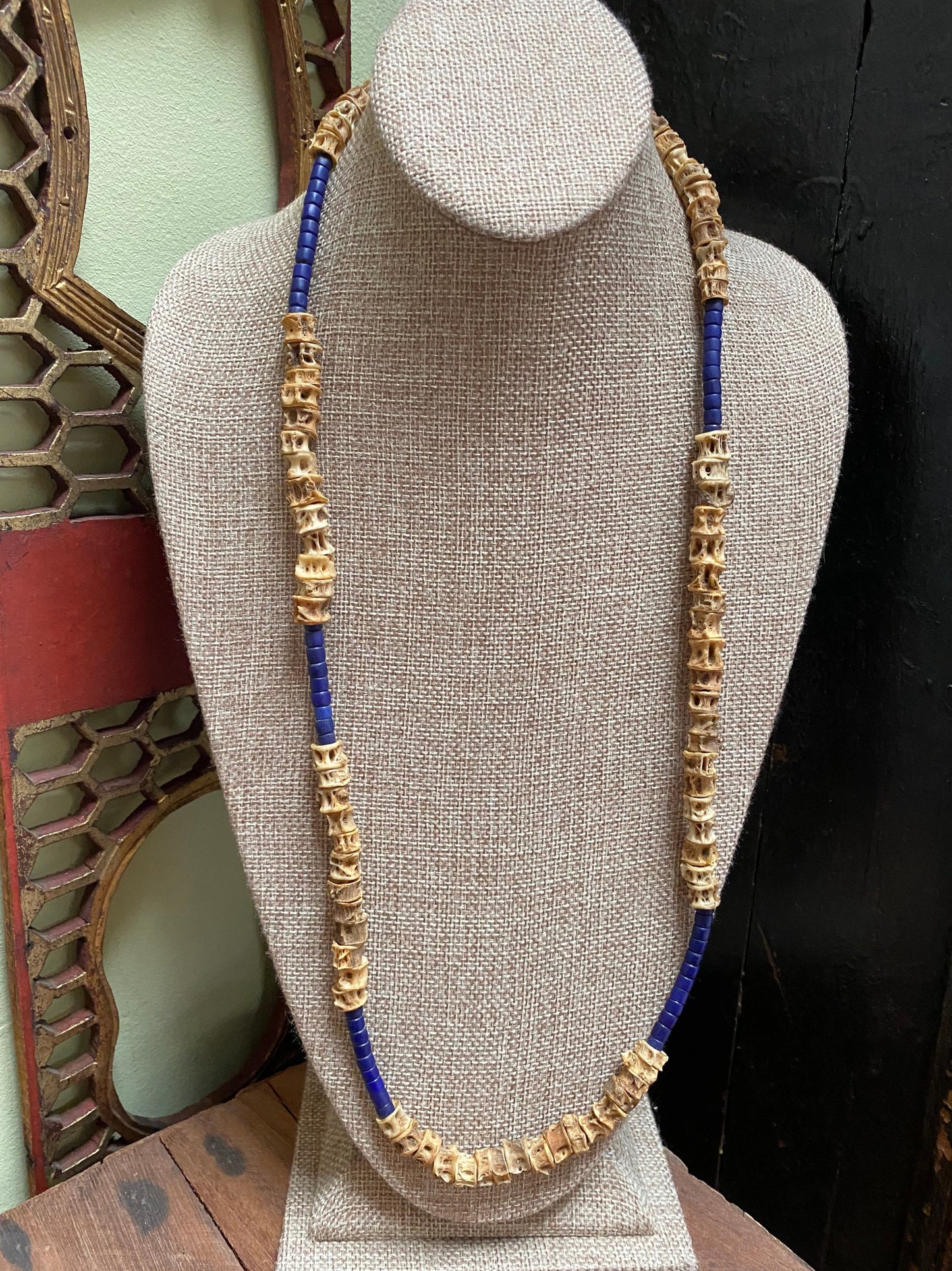 Fish Vertebrae and Blue Lapis Beaded Necklace