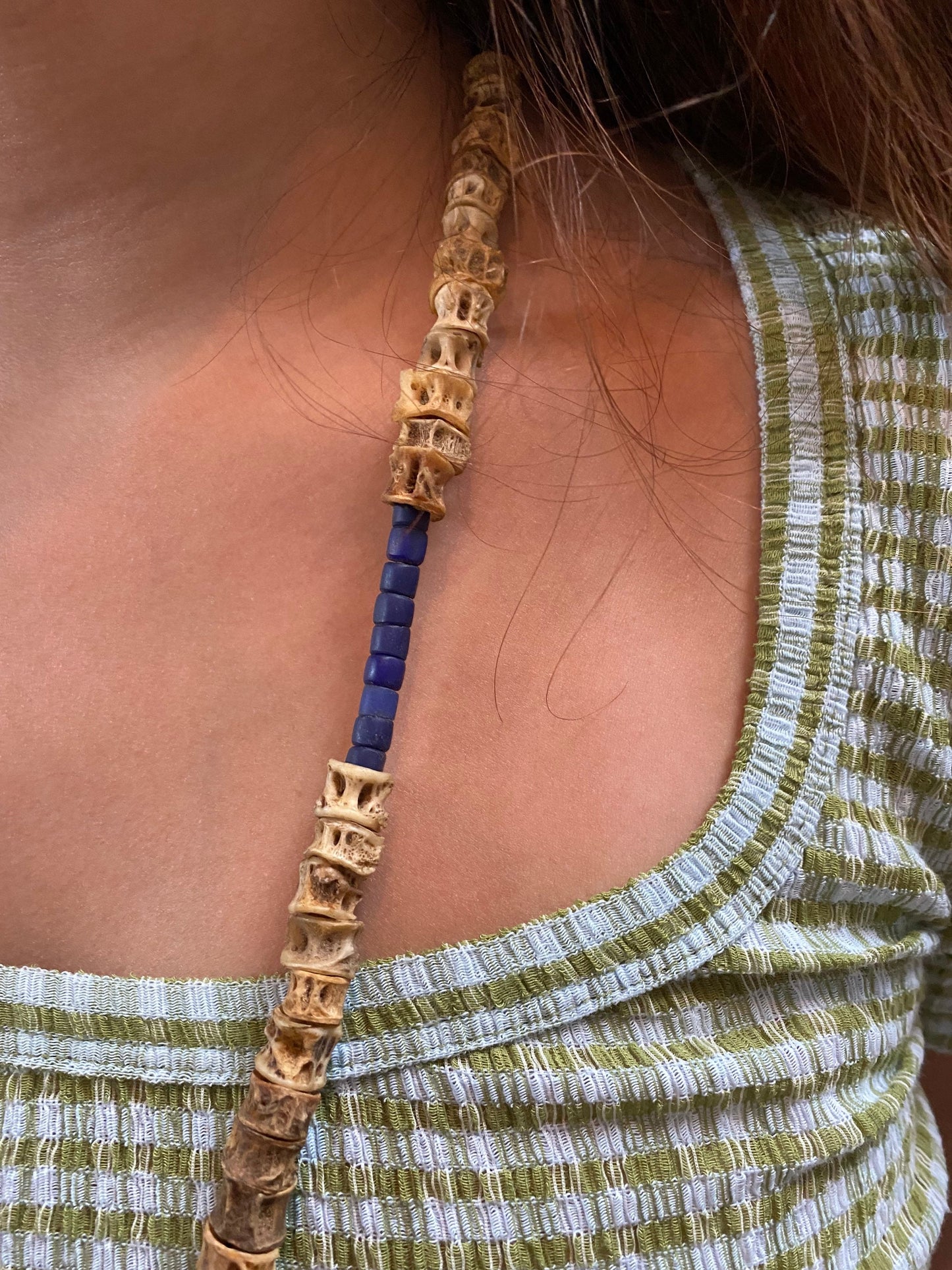 Fish Vertebrae and Blue Lapis Beaded Necklace