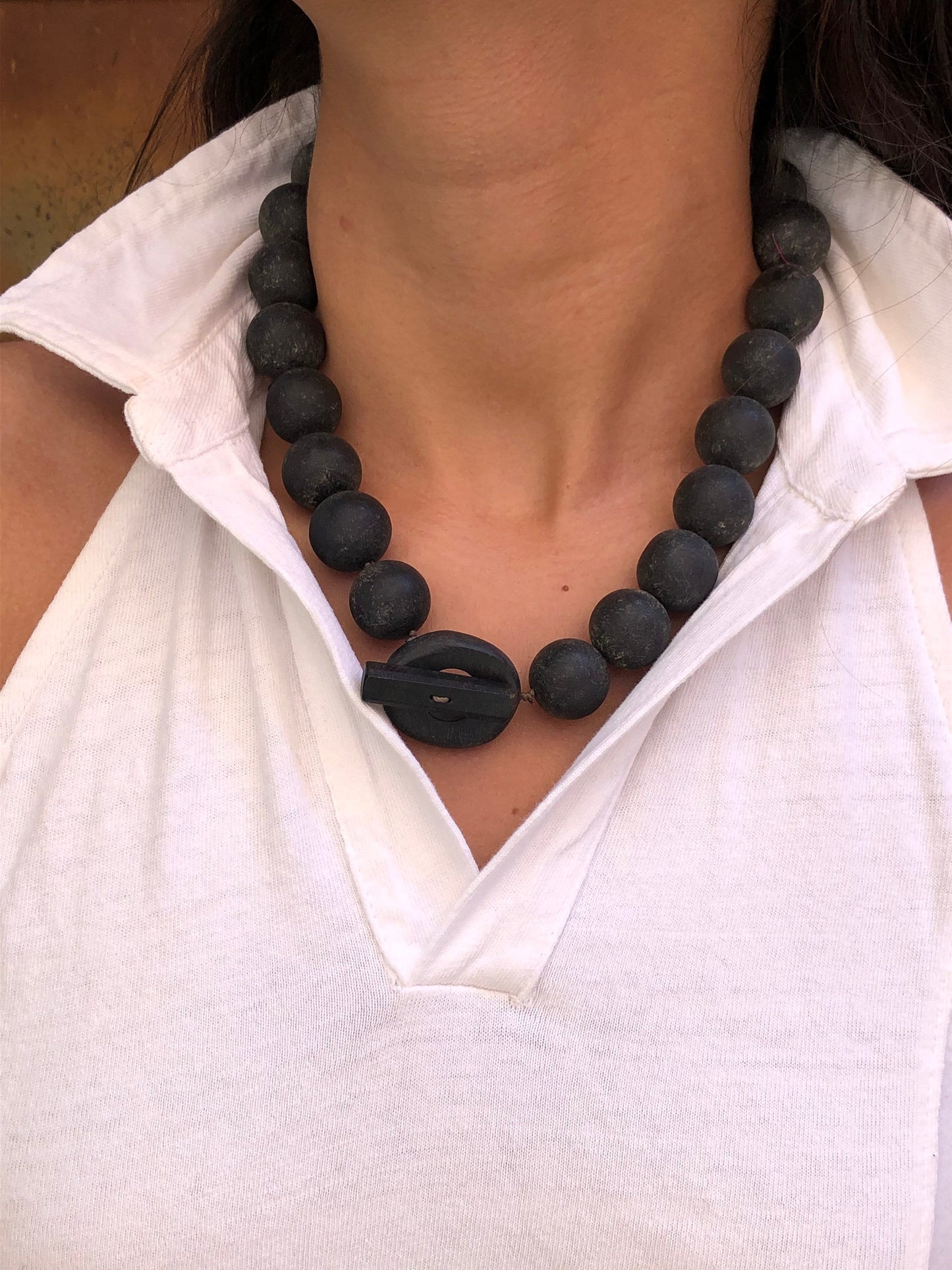 Modern Tribal Primitive Wood Ball Necklace with Unique Closure